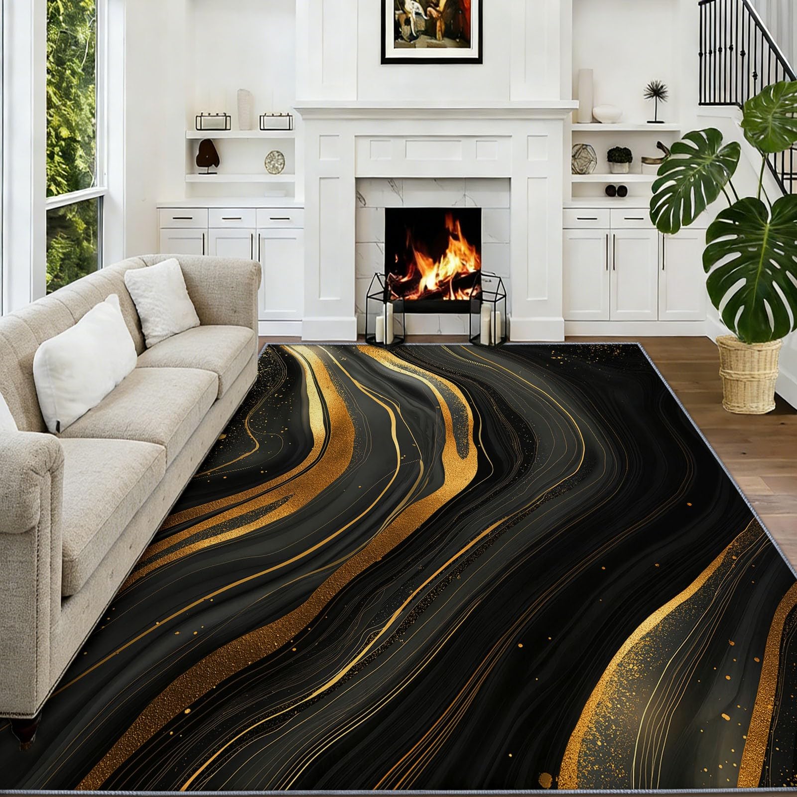 Tapis de cuisine et salon marbre noir lavable pour entrée intérieure
