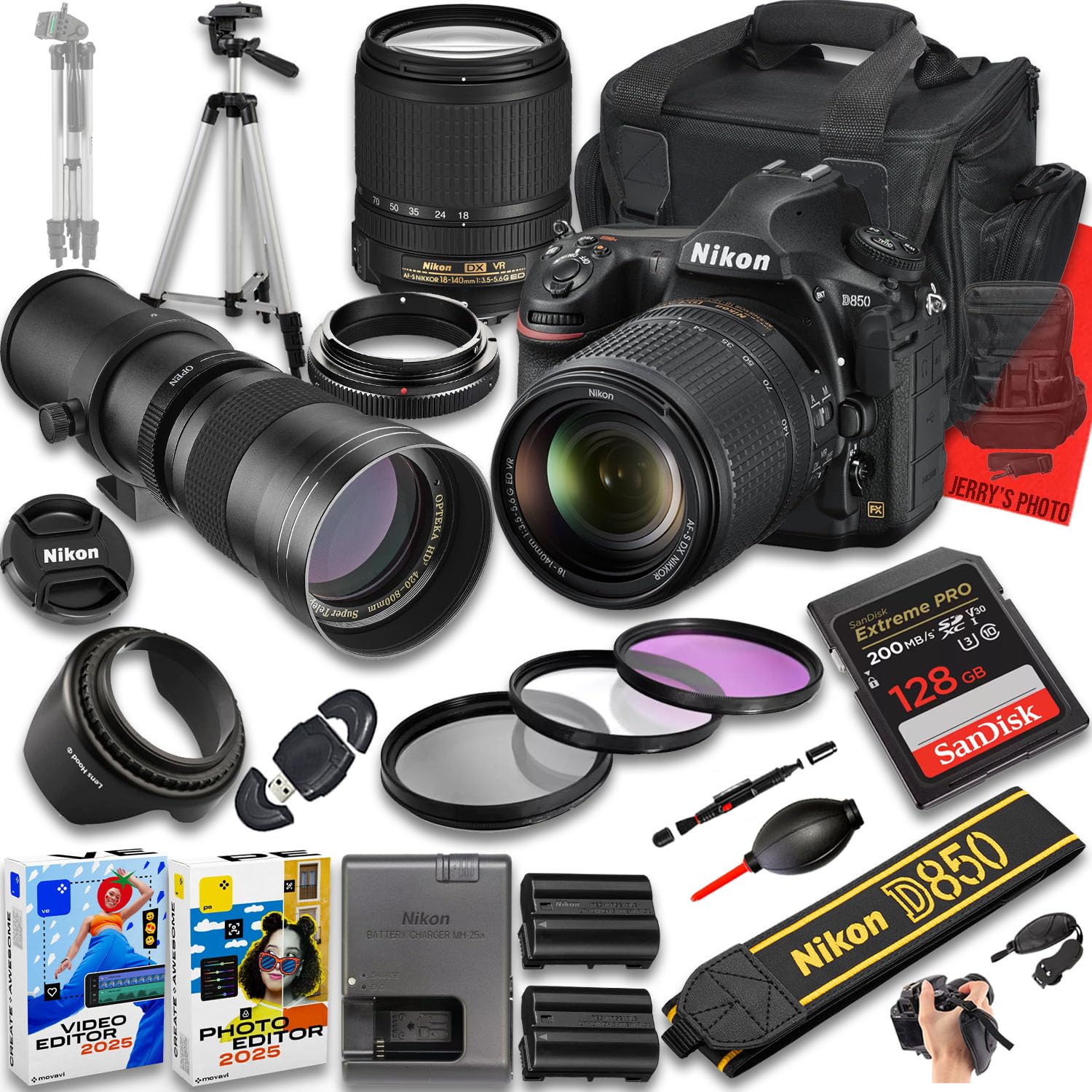 Nikon D850 DSLR Camera with AF-S DX NIKKOR 18-140mm f/3.5-5.6G ED VR and 420-800mm f/8 Super HD Telephoto Lens + 128 GB Memory + Extra Battery +