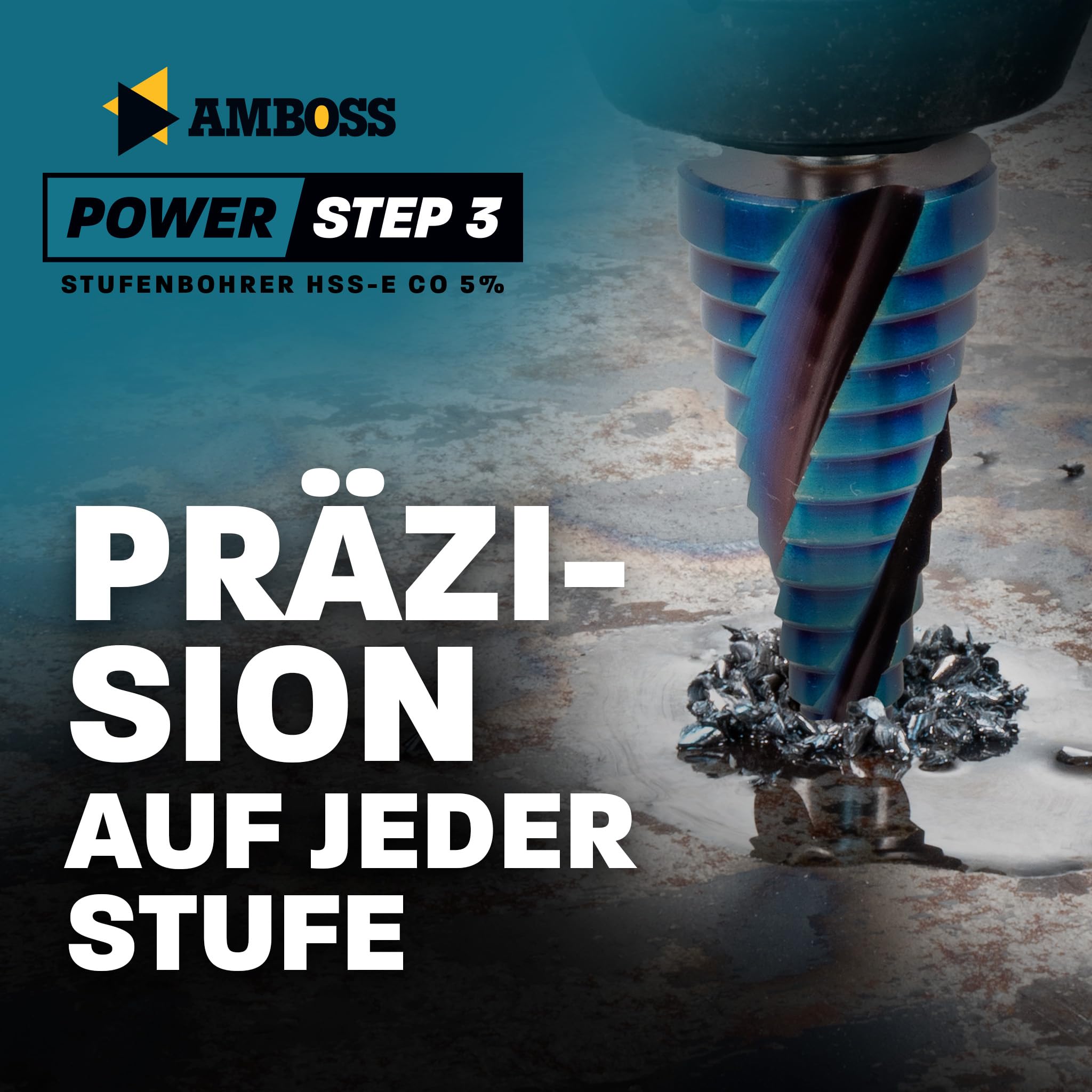 Stufenbohrer Set Ø 4-12 + 4-20 + 4-32 mm / 3 Stck. Profi Metallbohrer Kegelbohrer HSS-E Co 5% / Amboss PowerStep 3 TiAlSiN Blue Nano Guard/für Stahl, Inox, Edelstahl, Alu, Kunststoff, Acrylglas