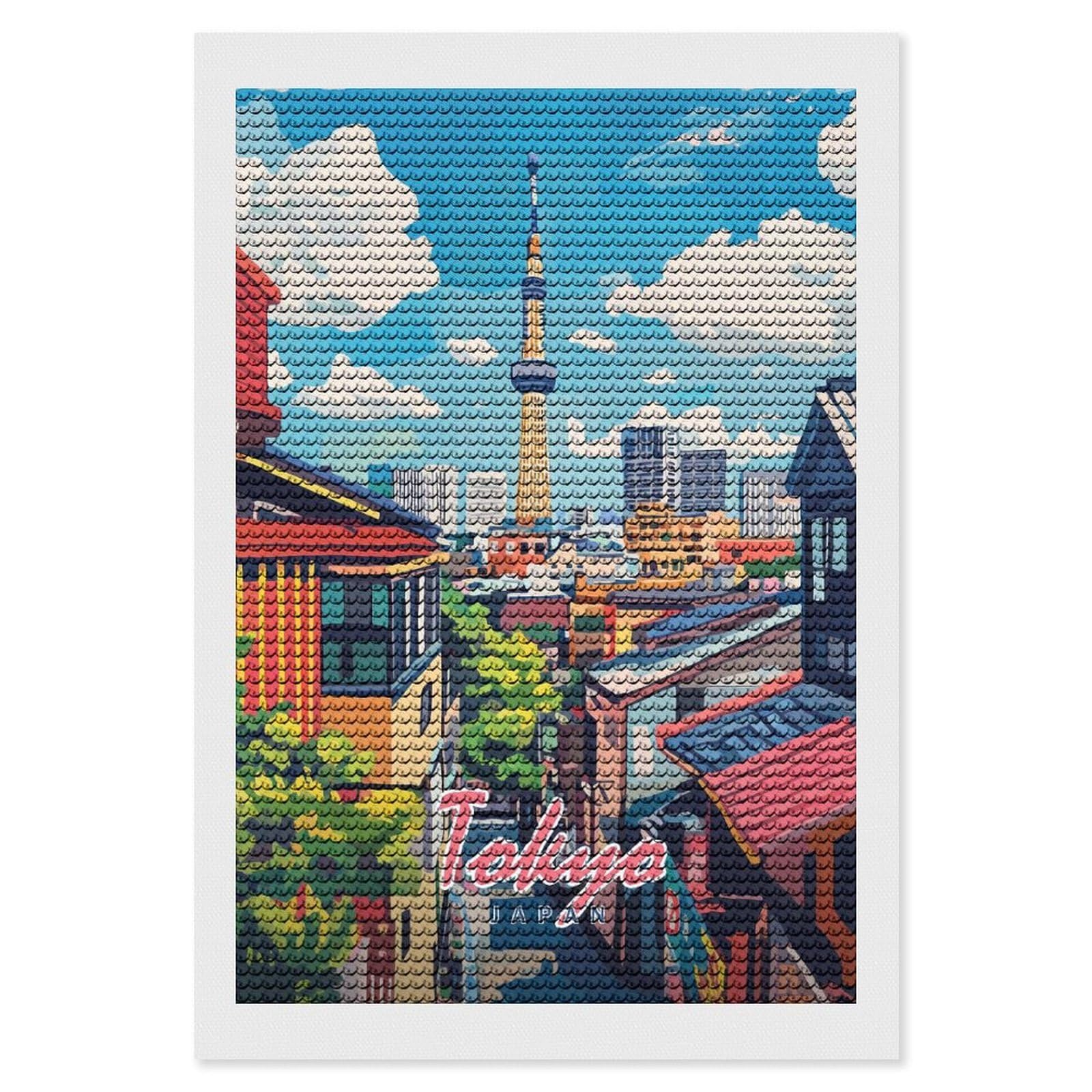 Junmoney Tokyo Skyline Painting DIY Diamond Art Canvas Kit 8"x12", for Teens, Aesthetic Room Decor, Farmhouse Decor, Canvas Picture, Birthday Gift