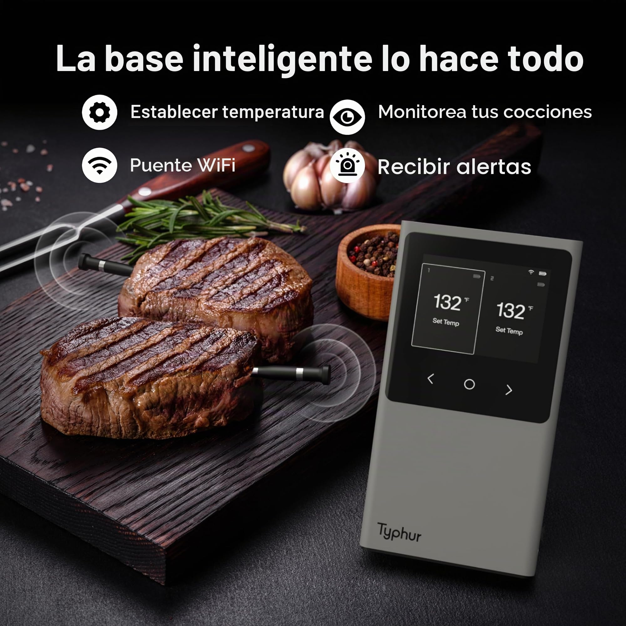 Typhur - Termómetro de carne inteligente inalámbrico (2 sondas, 122 sensores, 122 m, Bluetooth 5.4, alta estabilidad, vigilancia WiFi ilimitada, IP67, impermeable, termómetro de cocina para parrilla,