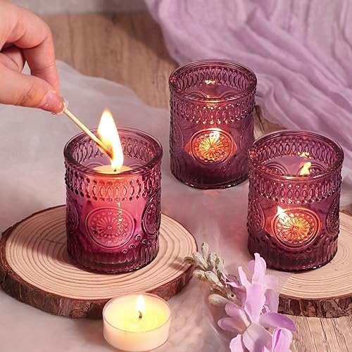 Miniatura 6 de DARJEN Juego de 36 portavelas votivas moradas de vidrio a granel para velas de té, velas votivas en relieve para centros de mesa de boda, fiesta y