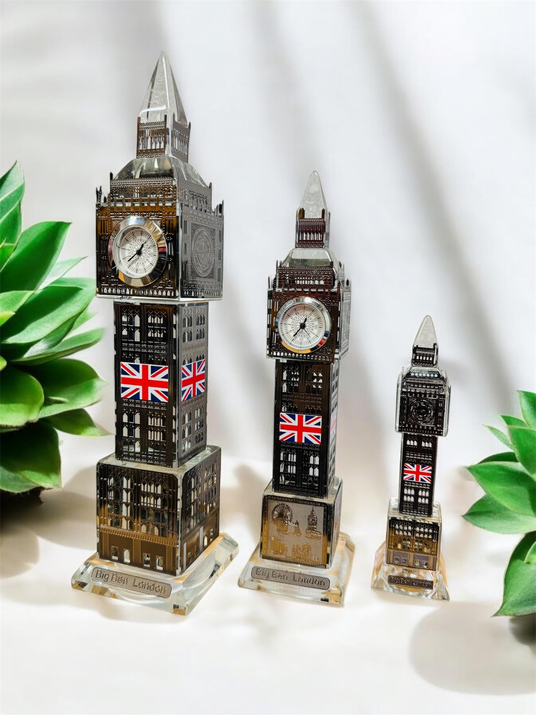 Crystal Big Ben With Clock London Soveniers Big Ben with Flag And Colourfull Light Englang Big Ben Clock Tower Decoration for Home, Office,3Colours Silver Black Rose Gold (Black, Medium)