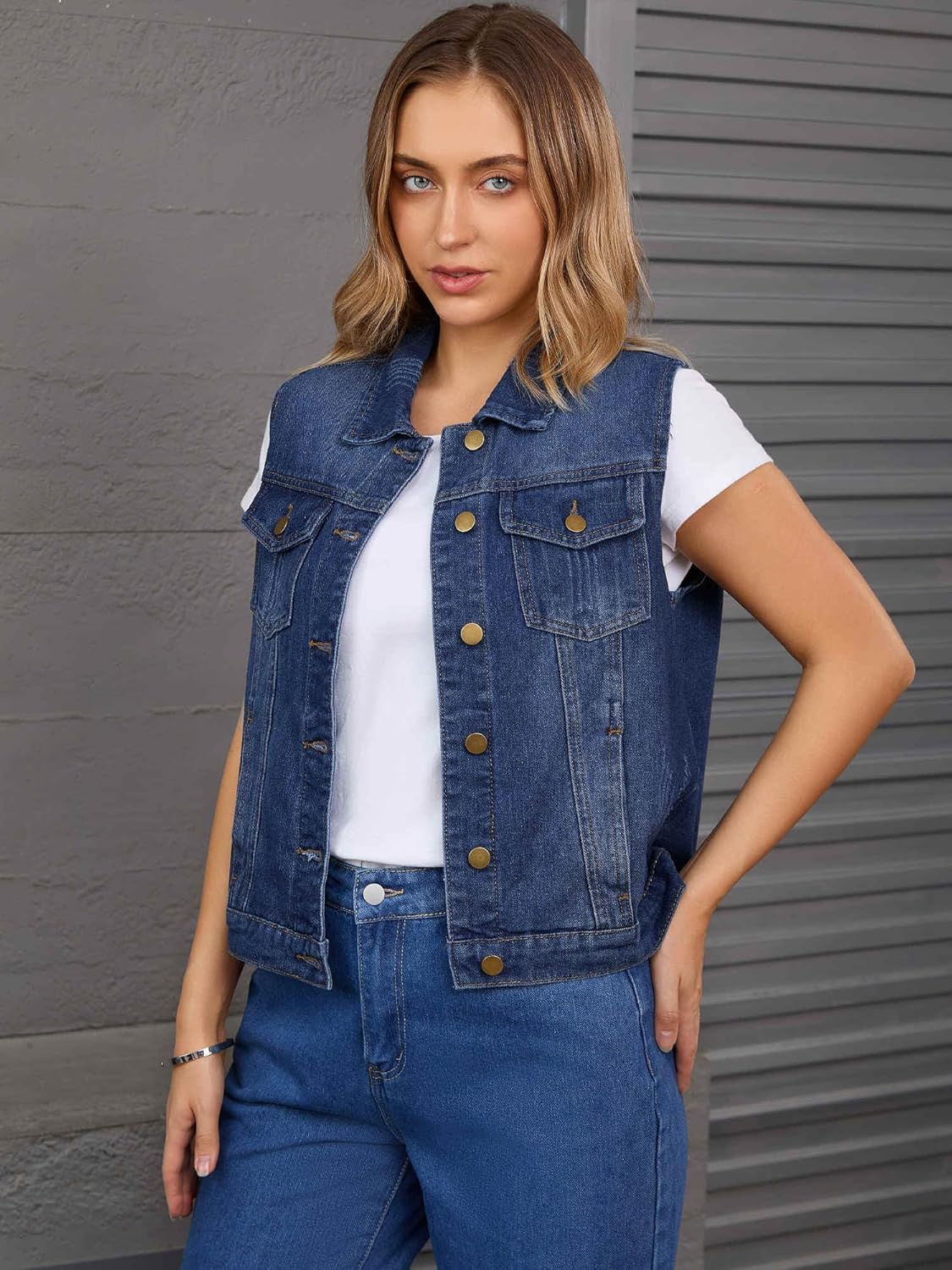 Women's Denim Vest Button Down Jacket W Chest Flap Pockets Washed Distressed Sleeveless Jean Jacket - Image 2