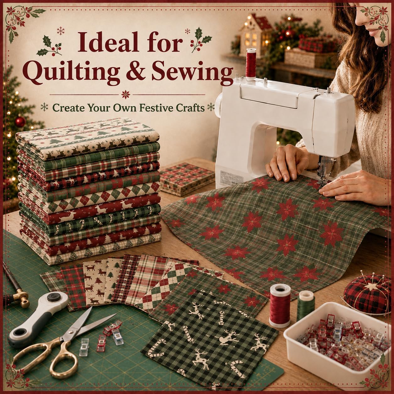 12 Pcs 100% Cotton Fat Quilting Fabric Bundles (Christmas Plaid Woodland)