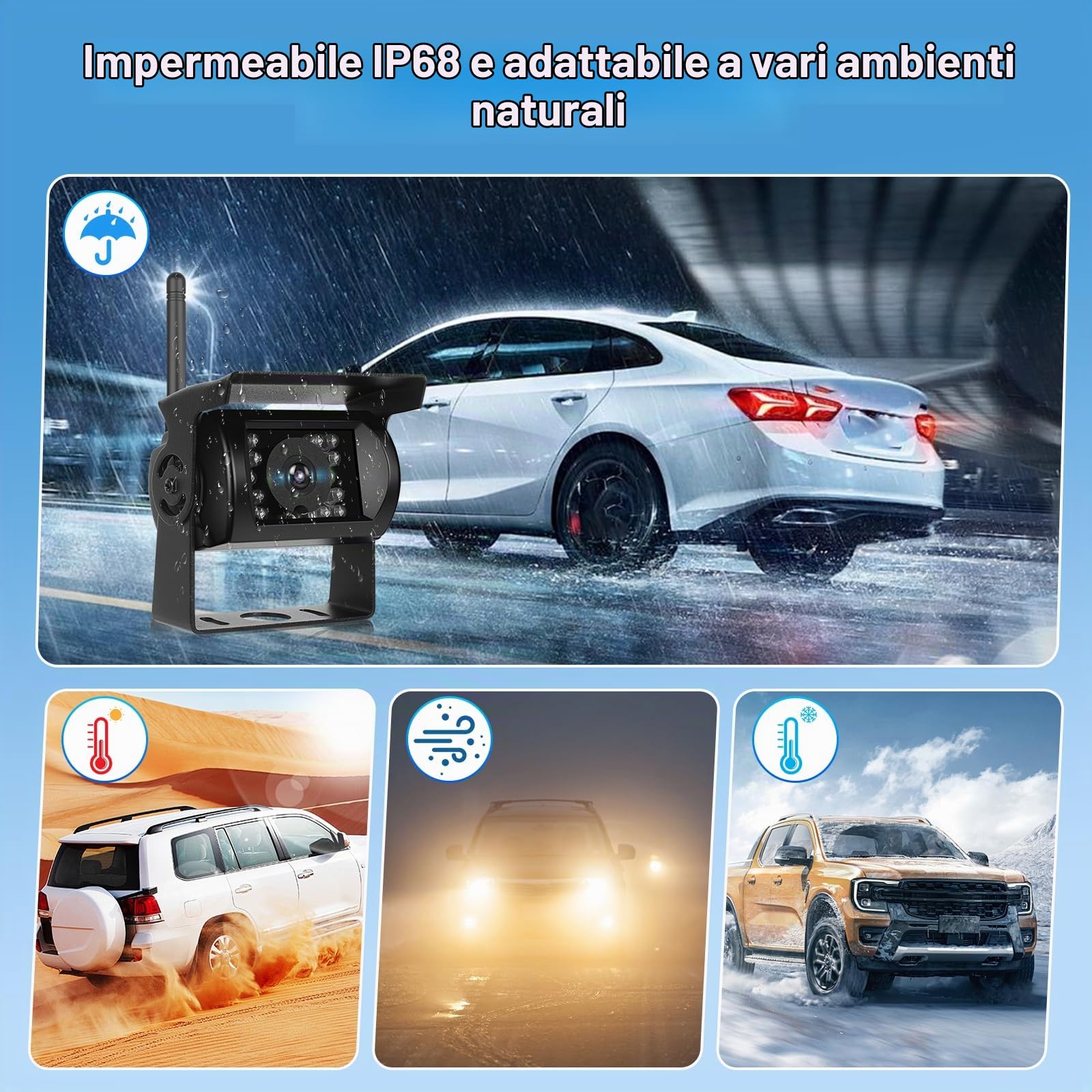 Telecamera per la Retromarcia Wireless Motorsi da 7'' con Schermo HD 1080P, Visione Notturna e Telecamera di Retromarcia Impermeabile IP68, Sistema di Retromarcia per Auto/SUV/Furgoni/Pickup/Camion
