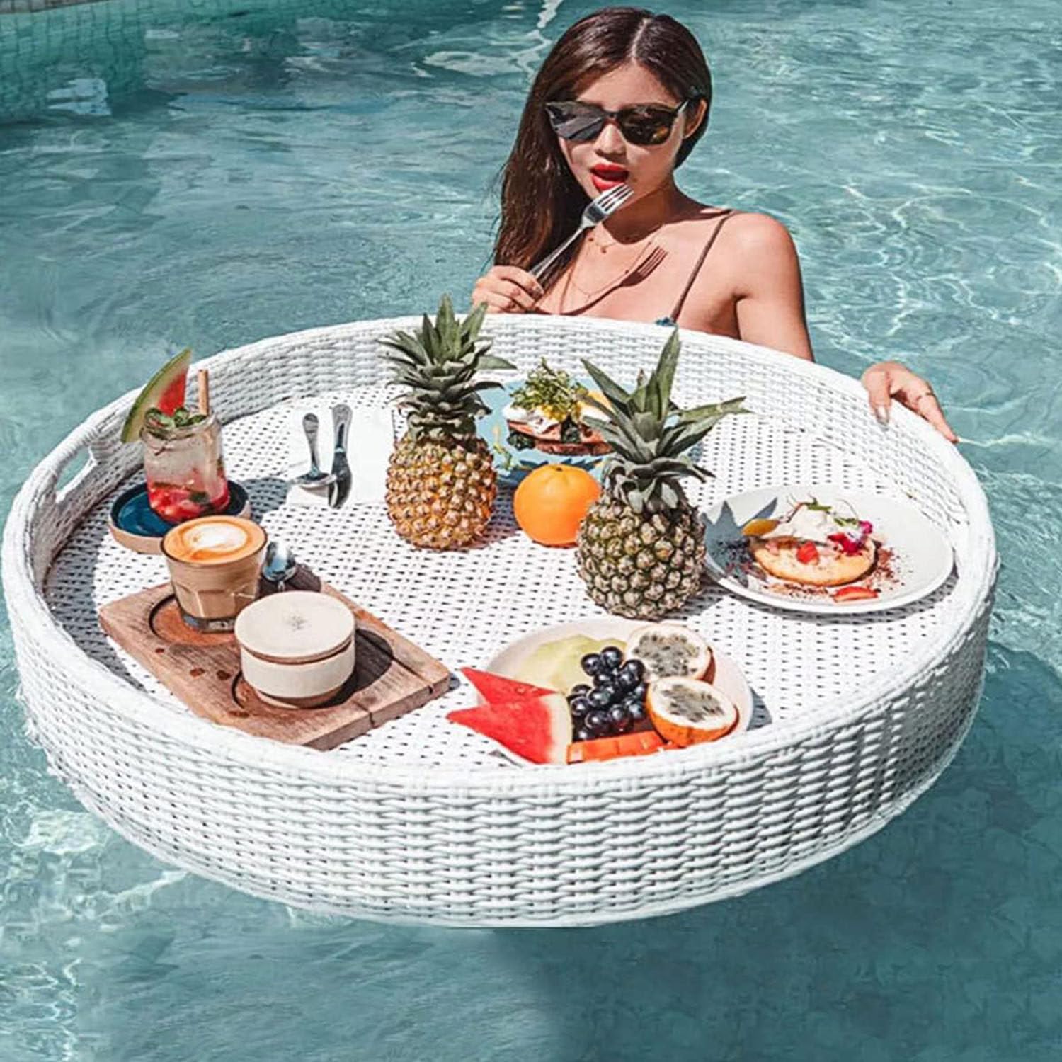 DFGHNBVC Floating Tray Round Serving Tray For Swimming Pool Floats,For Sandbars,Spas,And Parties,Pool Serving Drinks,Brunch,Food On The Water Table,White-60Cm