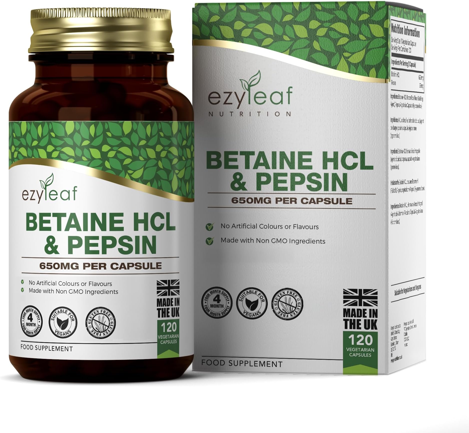 Ezyleaf Betaine HCL Pepsin 680 mg | 120 Vegan Betaine HCL Capsules | Betaine Hydrochloride with Pepsin | Digestive Enzymes | No Artificial Ingredients | ISO Certificate, Gluten & GMO Free | Made in