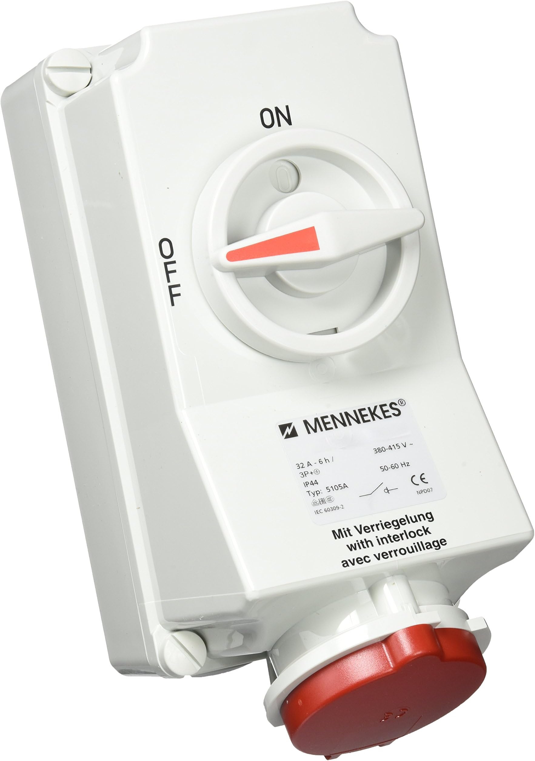 Mennekes 101100008 Bases CEE with Switch and Interlocking, Outlet, 400 V, 50 โ 60 Hz, 32 A, 4-pole, IP 44, Red