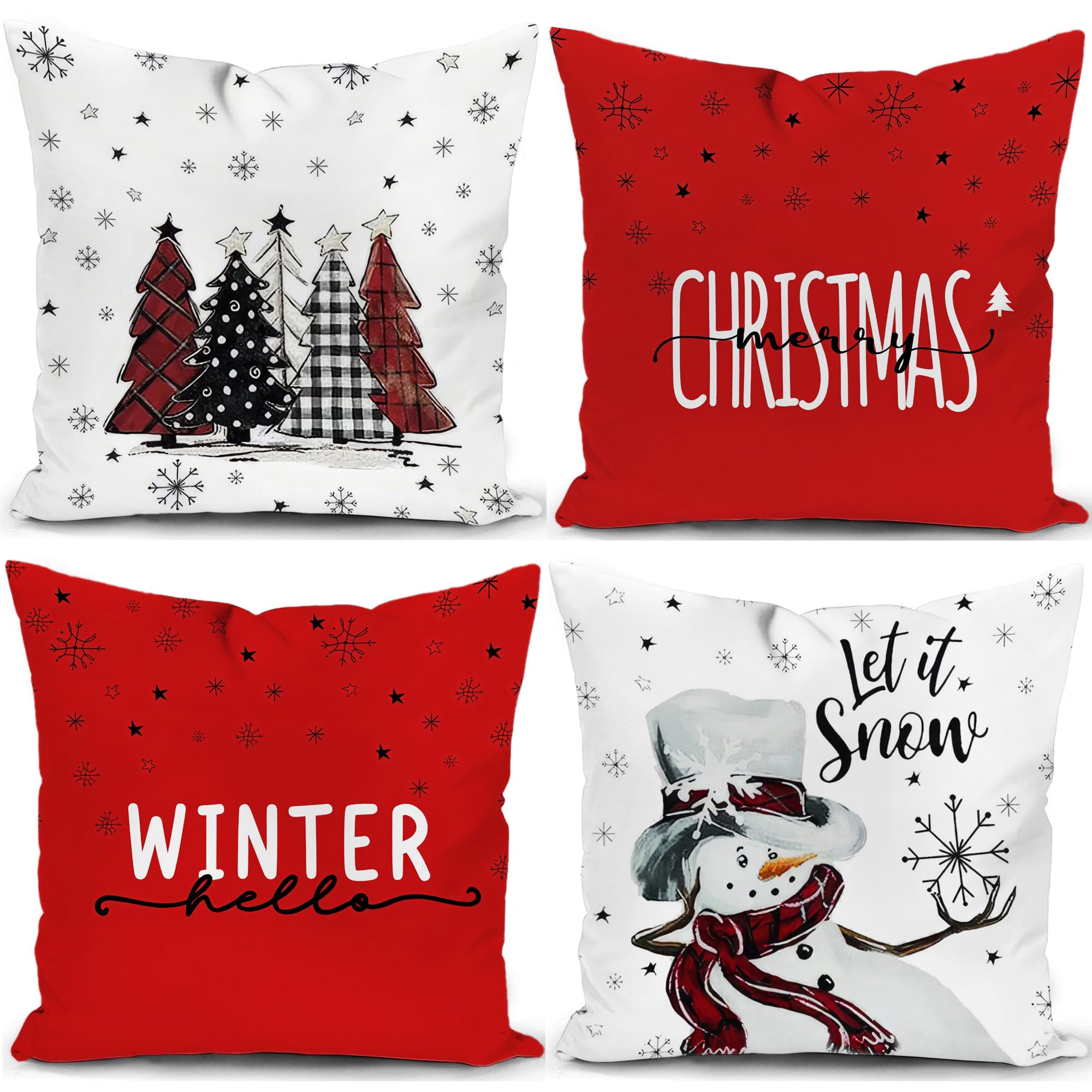 KUNQIAN Christmas Cushion Covers Xmas Decorations Red Snowman Winter Throw Pillow Cover Set of 4 Christmas Decor For Sofa Living Room Home 18x18 Inch 45x45cm