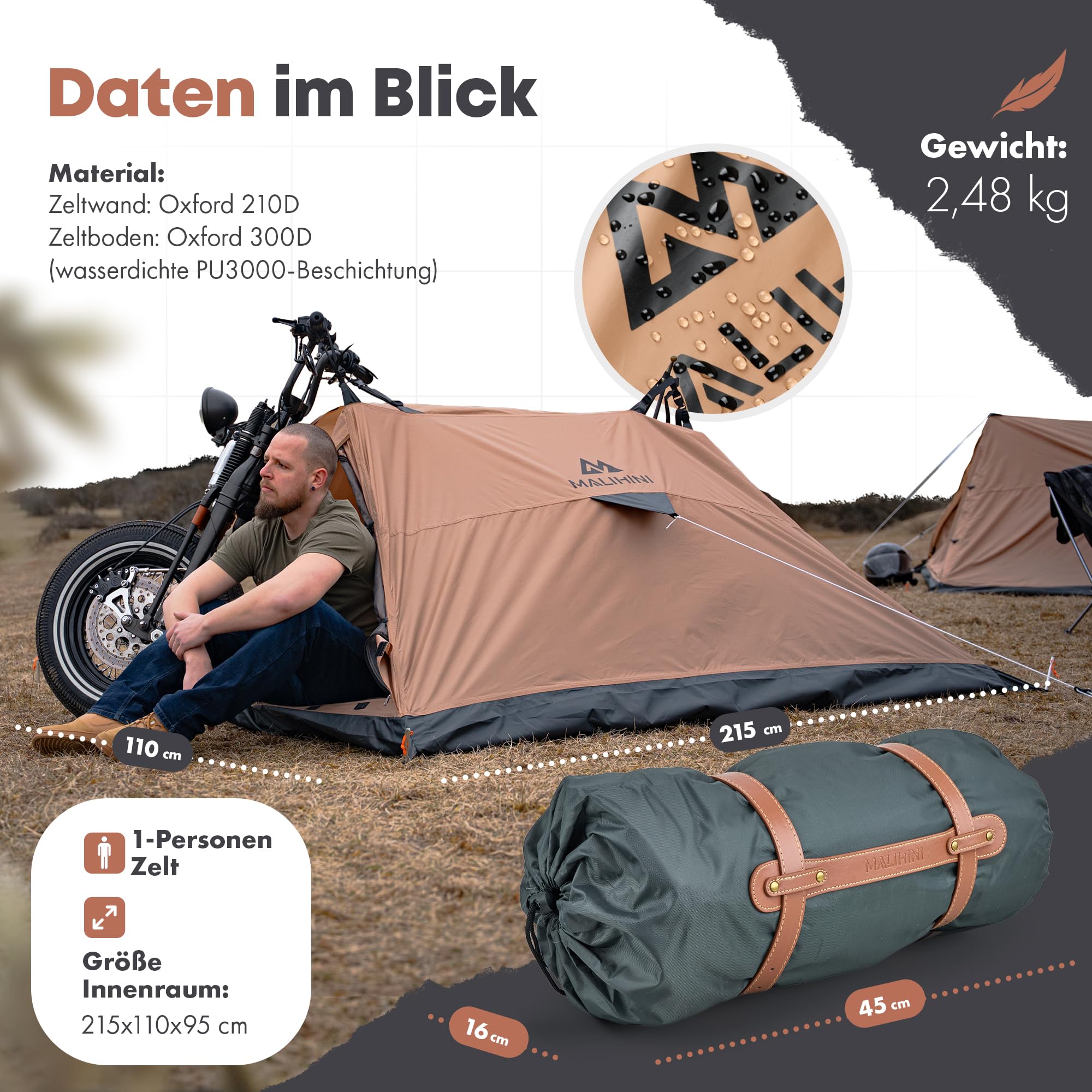 MALIHINI Tenda per moto [tenda per 1 persona], ultraleggera e compatta, impermeabile, per motociclisti e come telone per moto, tenda da motociclista con dimensioni compatte, per ciclismo e campeggio