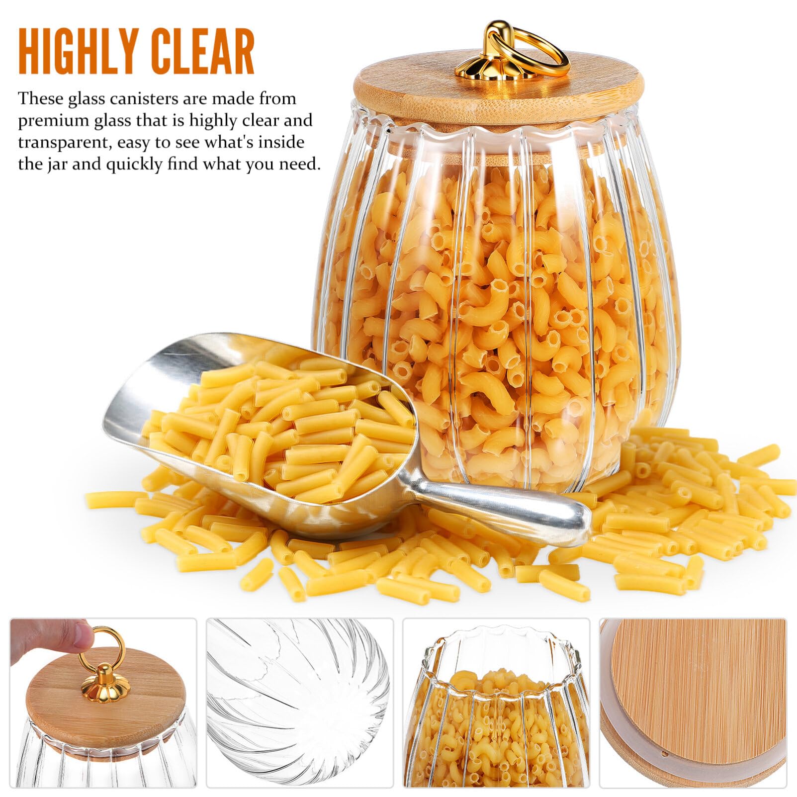 Healeved 4 barattoli in vetro per alimenti, delicati e spessi, con coperchi, barattoli decorativi per caramelle, biscotti, caffè, 750 ml