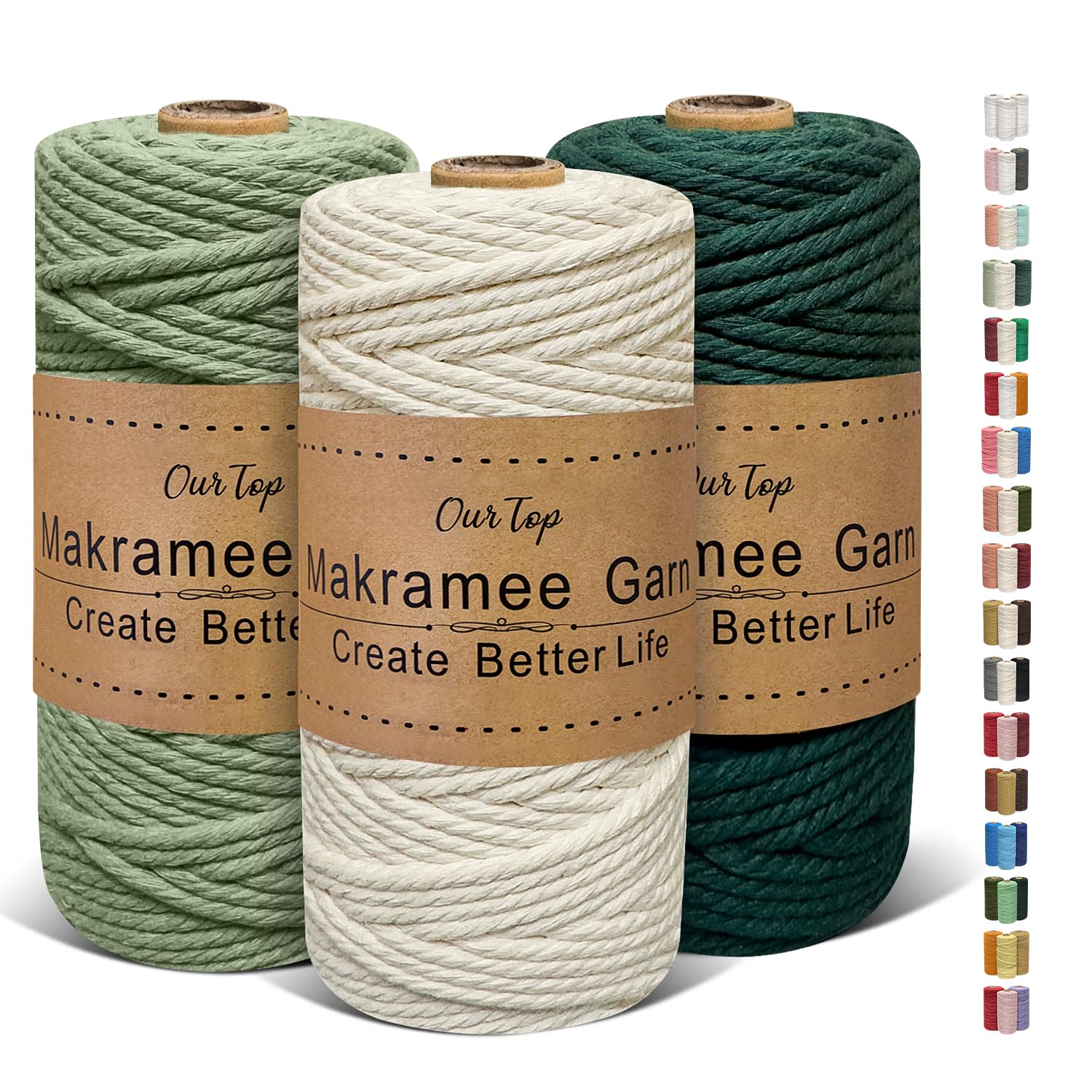 OurTop 3 Rolls Premium Macrame Cord, 4mm x 55m Braided Macrame Rope Twisted Cord Yarn Macrame Yarn Thick Rope for Wall Hangings, Plant Hangers, DIY Crafts(Beige, Light Green, Dark Green)