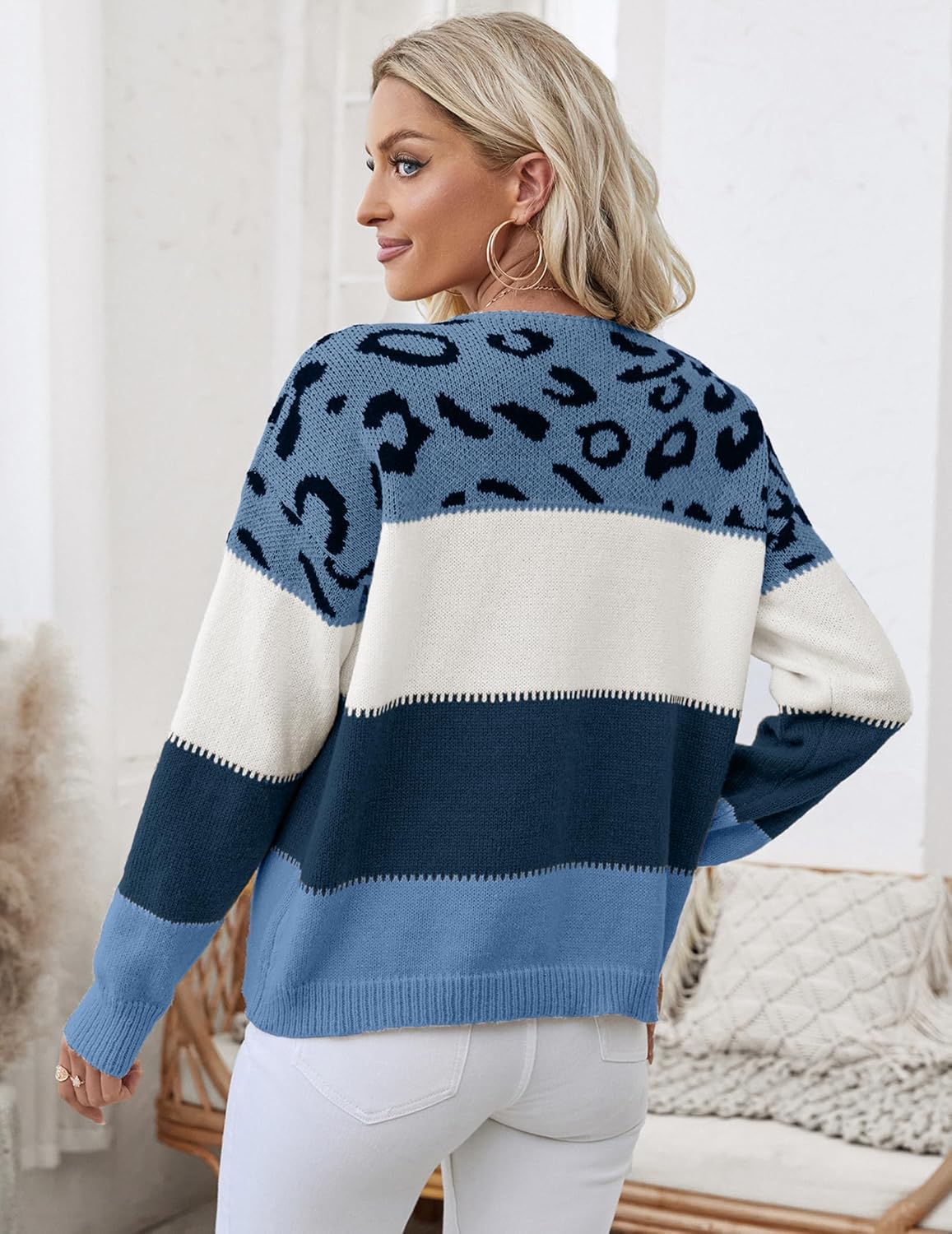 Womens Oversized Cute Color Block Leopard Sweater Fall 2025 Trendy Ladies Dressy Causal Knit Boat Neck Pullover Top - Image 3