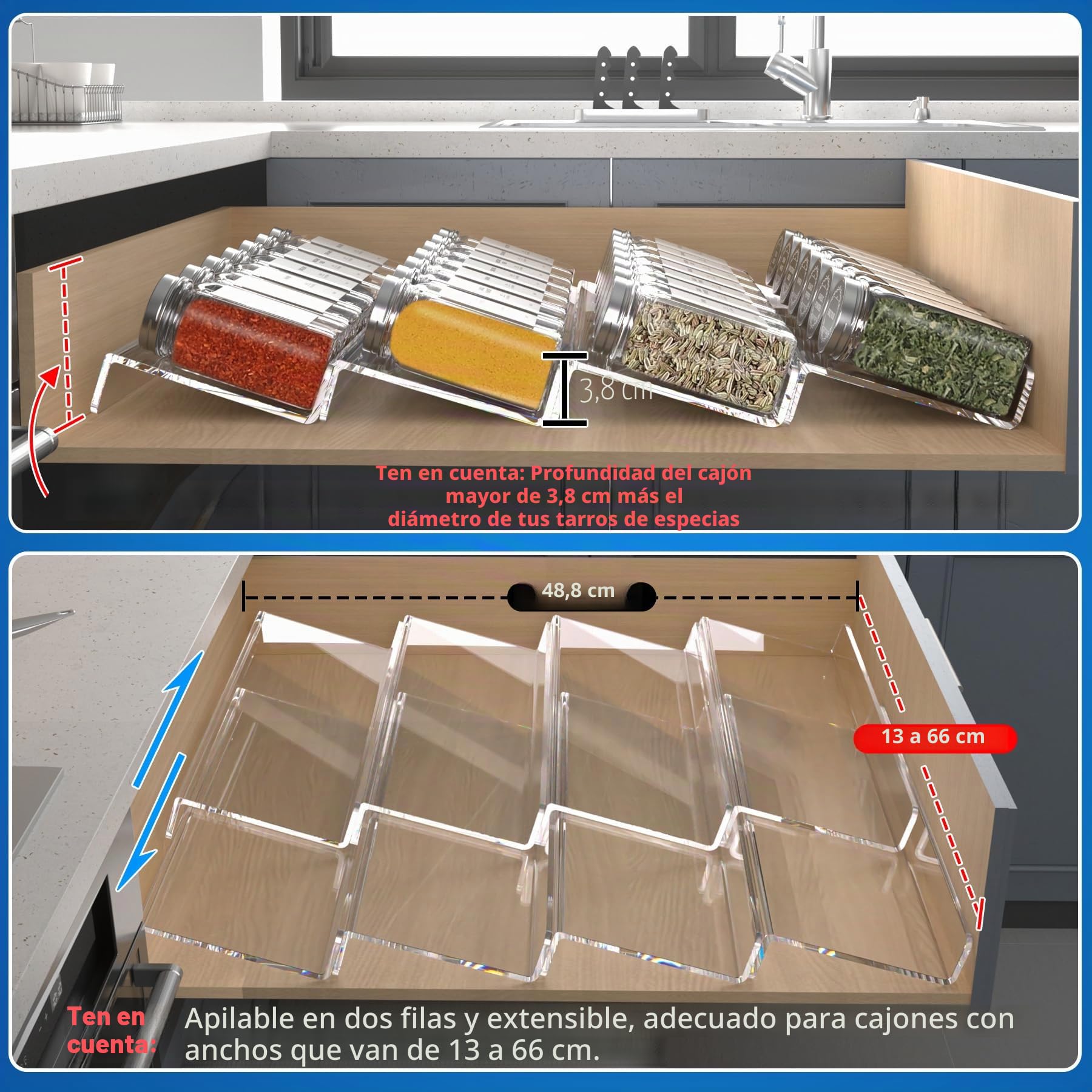 Organizador de cajones de especias de acrílico transparente, 4 niveles, 2 juegos expandibles de 13 a 26 pulgadas, bandeja de especias de cocina para cajón/encimera (tarros no incluidos)