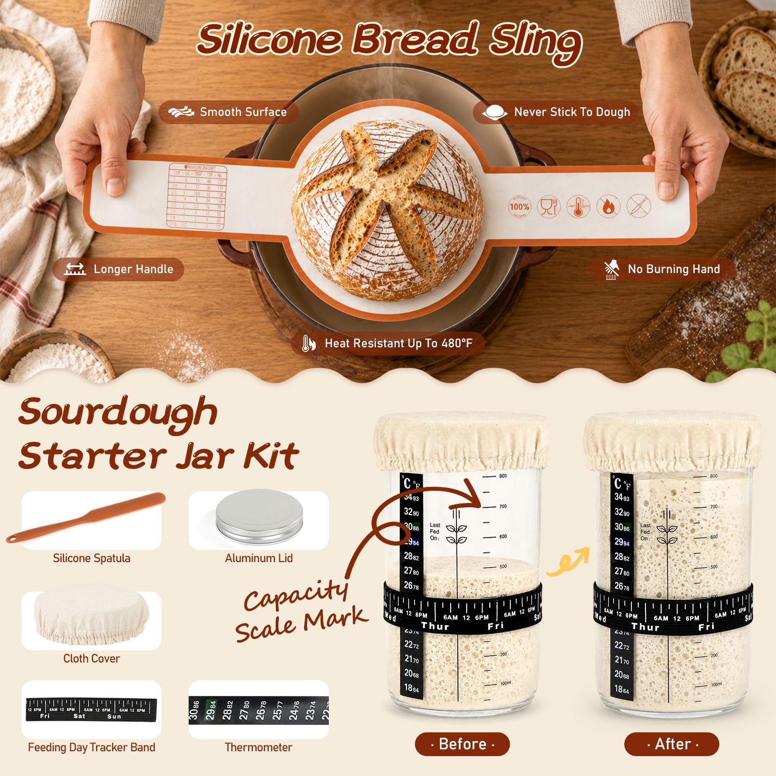 Banneton - Kit de iniciación de masa madre, juego de cestas a prueba de pan, cesta redonda de 23 cm, ratán natural, accesorios completos para hacer pan con tarro de inicio, batidor de masa y