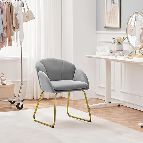 Miniatura 32 de Yaheetech Silla de tocador de terciopelo en forma de flor, sillón lateral moderno, silla de maquillaje sin ruedas con patas de metal dorado para