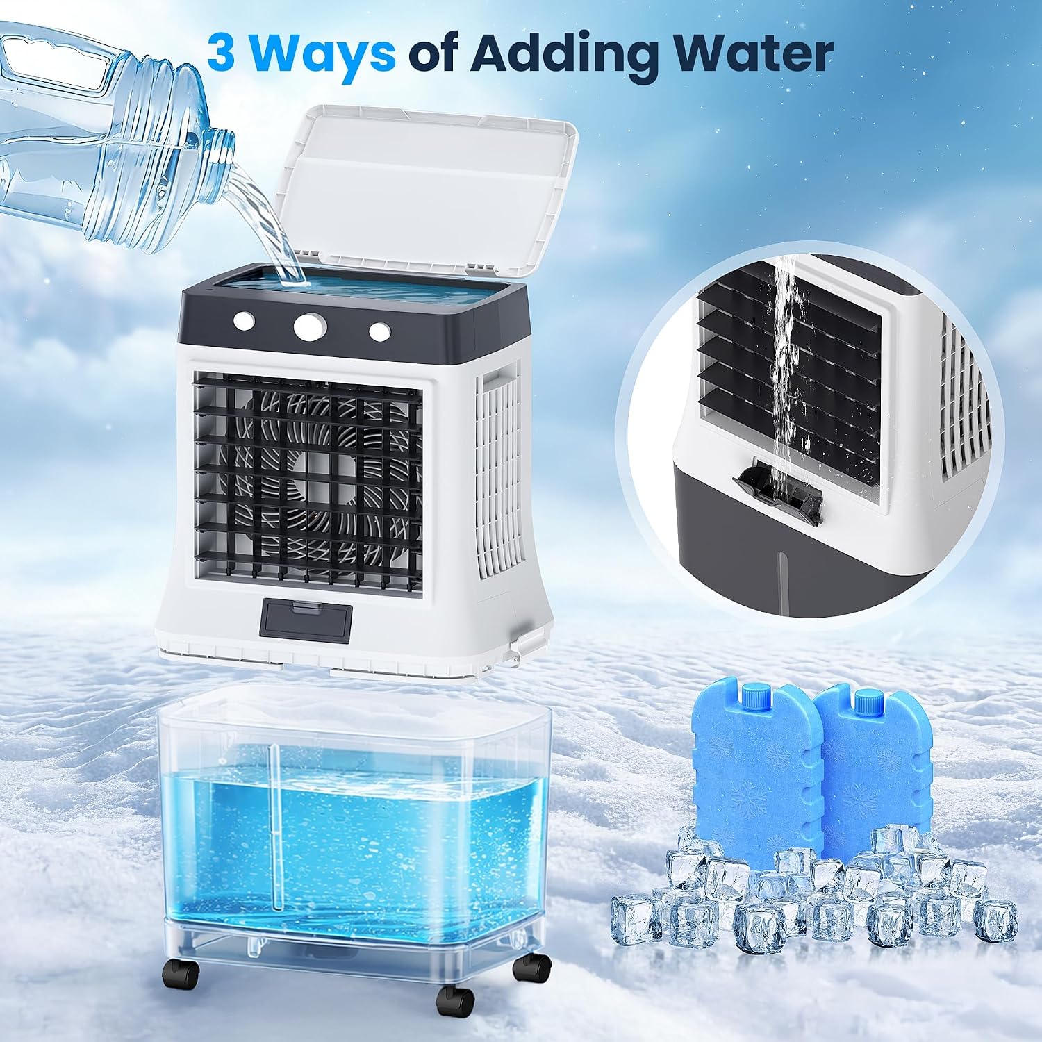 Swamp Cooler Air Conditioner, 7 Gal 3500 CFM Evaporative Air Cooler, Foldable Windowless Air Conditioner with Ice Packs, 3 Modes 3 Speeds, 120° Oscillation, for Indoor Rooms Office Bedroom