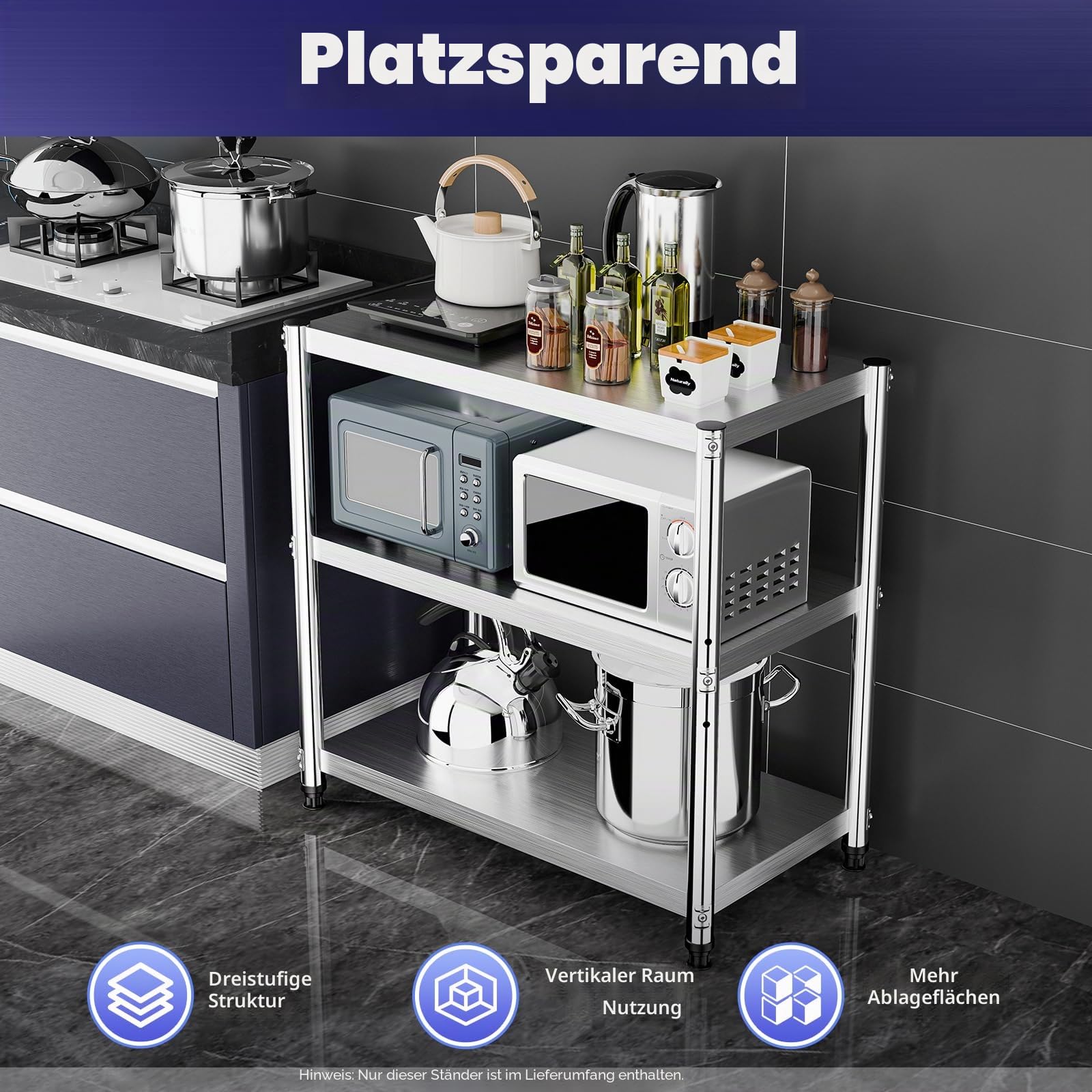 3 Böden Küchenregal Edelstahl Gastro Regal Schwerlastregal 80x80x40cm Garagenregal, Werkstattregal oder Lagerregal/Steckregal Metall mit 50kg Tragkraft