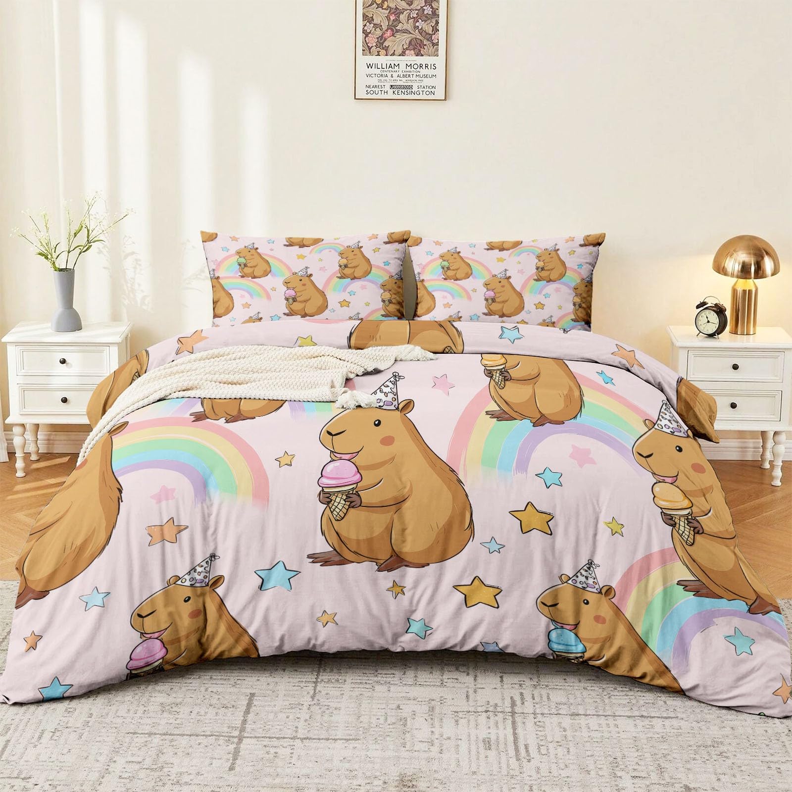 Japanisch Cartoon Bettwäsche 200 x 200 cm, Capybara EIS Partyhut Wende Bettwäsche Bunt Weich Kuschelig Bettbezug Set Mikrofaser Deckenbezug, mit Reißverschluss und Kissenbezug