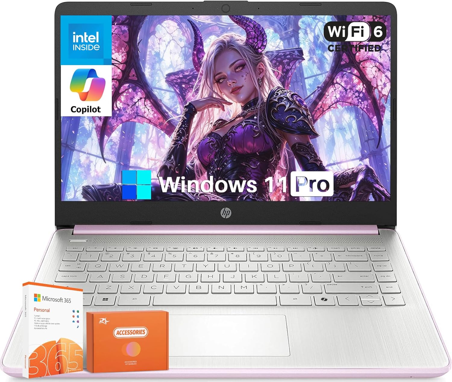 HP 14 Inch Student Business Laptop, Intel N150 CPU, 14" Anti-Glare, 4GB RAM, 384GB Storage(128GB UFS+256GB MSD), Wi-Fi 6, Copilot AI, 1 Year Microsoft 365, Honey Lavender, Windows 11 Pro,W/Mouse