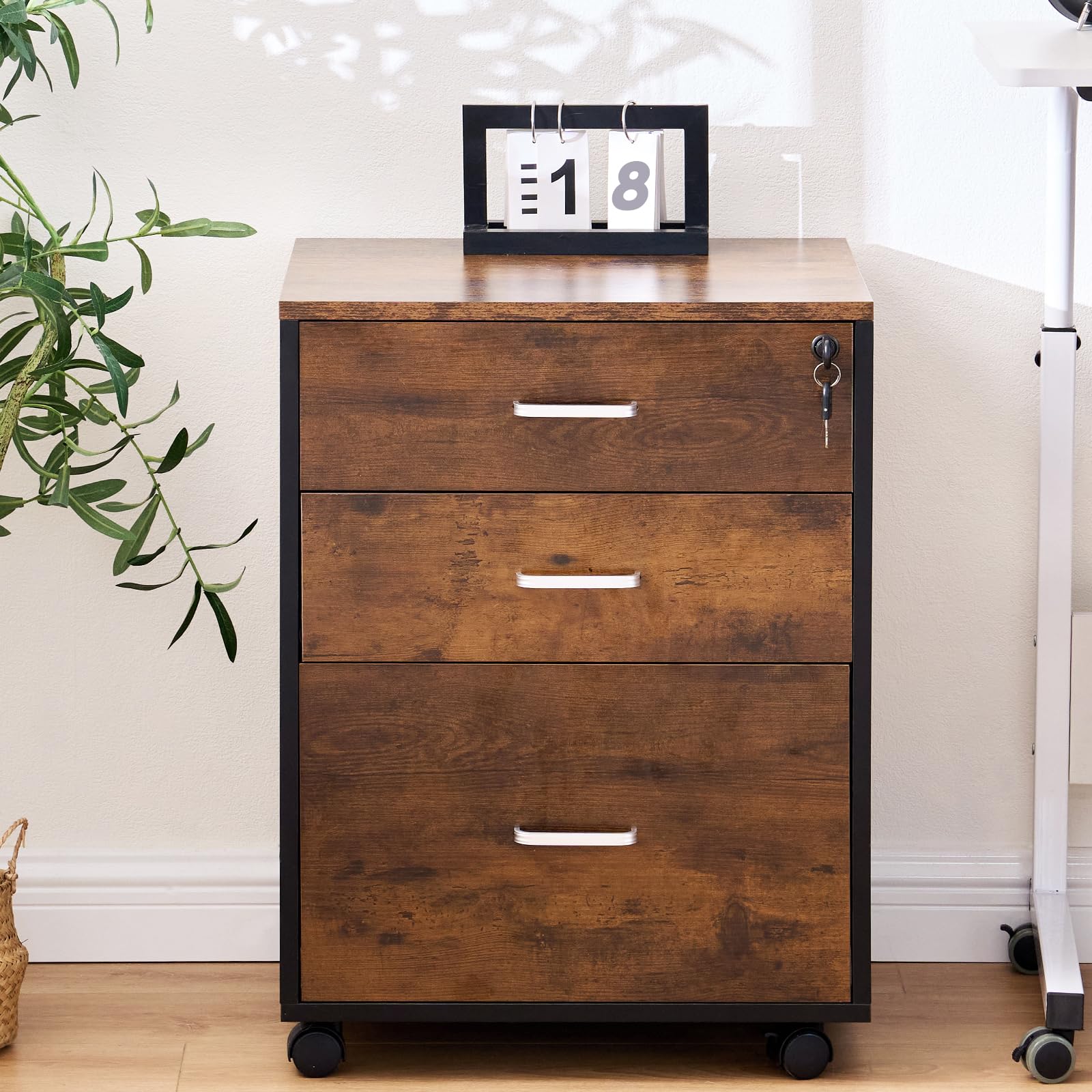 SogesPower Mueble Archivador de 3 cajones, Armario Móvil, con ruedas universales fijas, cerradura de cajón, 48 x 42 x 65 cm, Vintage Marrón