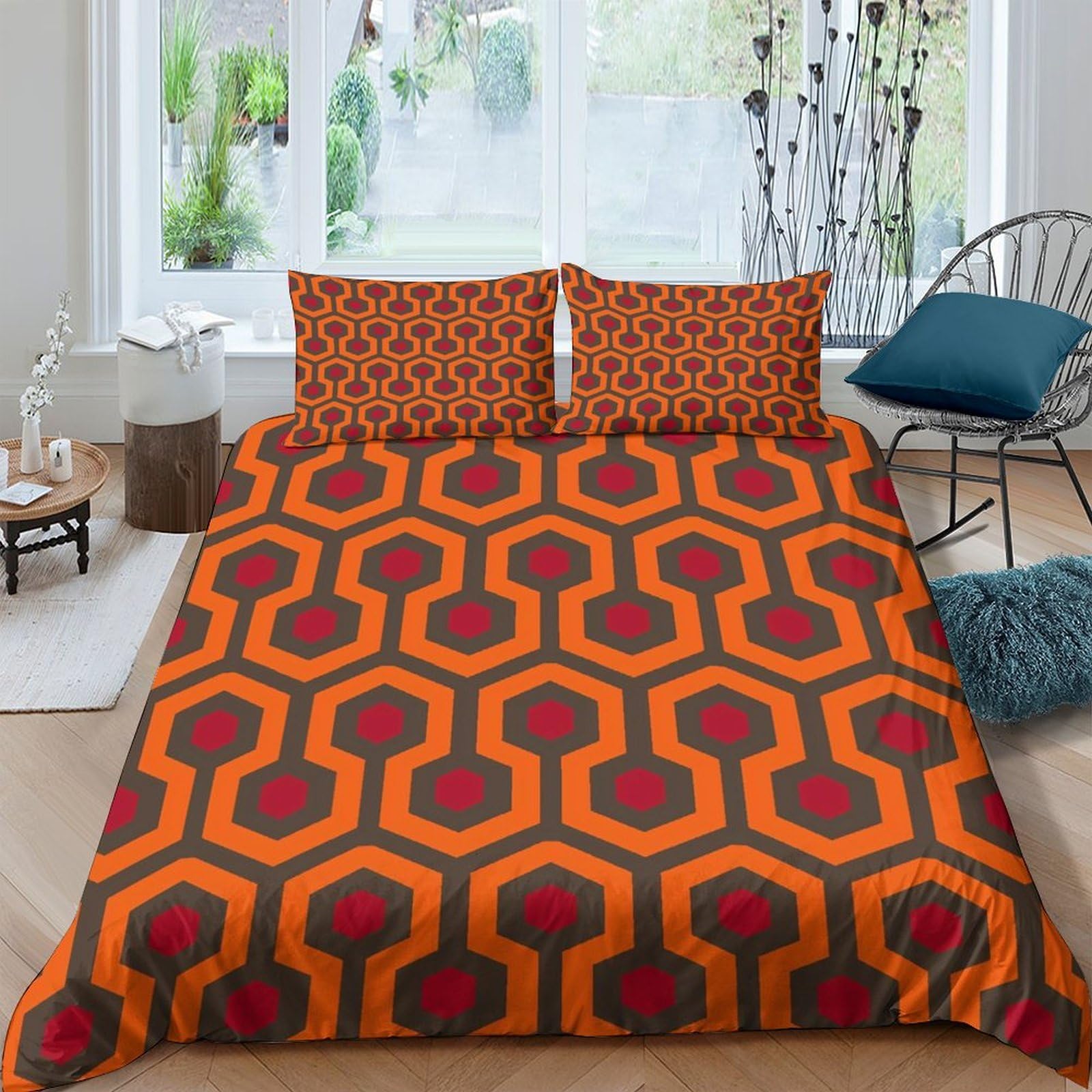 Ctjqhvkz Style-1 3D Printed Retro Geometric Fitted Sheet Microfiber Orange Brown Hexagon Bed Cover For Bedroom Guest Room Decor Single（135X200cm）