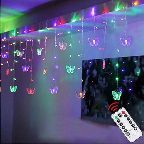 Decorman Luces de cortina de mariposa, 8 modos, 48 luces LED, luces parpadeantes alimentadas por USB con 10 mariposas con control remoto para
