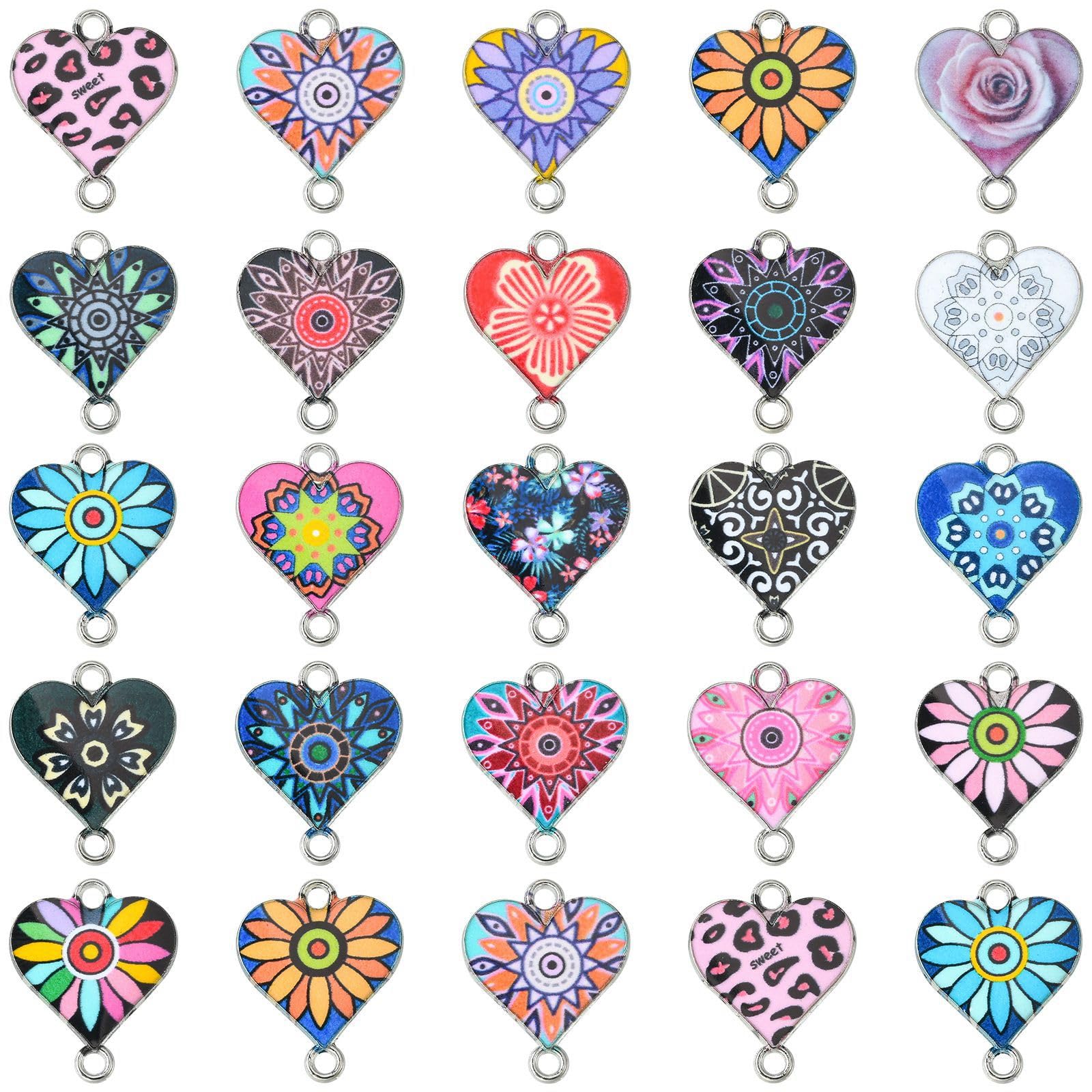 Stiesy 42Pcs Mixed Styles Enamel Heart Links Charms Love Heart Connectors Flower Printed Heart Two Hole Charms for DIY Valentine's Day Crafts Jewellry Making