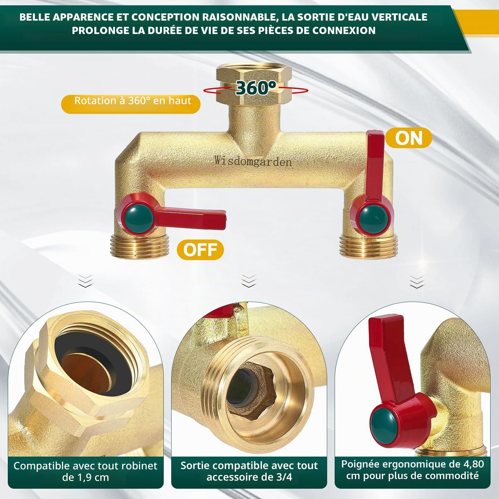 Distributeur 2 voies,Vanne à 2 voies d'eau pour robinet avec filetage de 3/4Pouce,Poignée allongée Facilité d'utilisation,laiton très résistant robuste et durable,avec 1/2Pouce adaptateur
