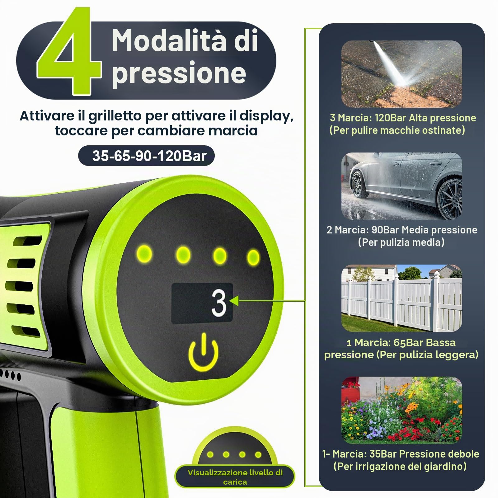 Idropulitrice a batteria, ad alta pressione, 4 marce, 120 bar, portatile 2 x 4,0 Ah, ugello girevole 6 in 1 e 180°, spruzzatore schiuma, tubo 5 m, irrigazione