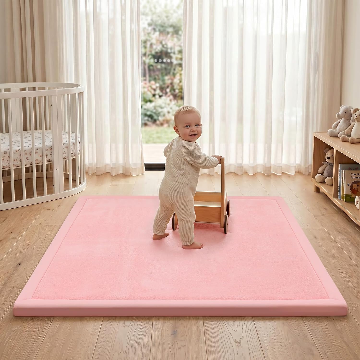 ACOMOPACK 1.3" Thick Baby Play Mat for Floor,50x50 Elasti-Foam Playpen Mat for Kids,Infants,Toddlers, Ultra Soft Crawling Mat with Non-Slip Bottom,Tummy Time,Nursery Rug,Yoga,Tatami(Pink)