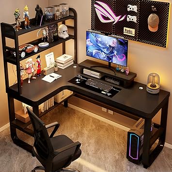L-Shaped Desk, Computer Desk, Gaming Desk, Study Desk, Solid Wood Tabletop, 1.0 inch 2.5 cm Thick, Desktop Storage Shelf, Learning Desk, PC Desk, L-Shaped Desk Design, Storage Space on the