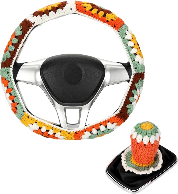 Capa de Crochê para Volante com Estampa de Girassol e Capa para Manopla, HOMEGYMFREE, para Volantes de 35,6–38,1 cm