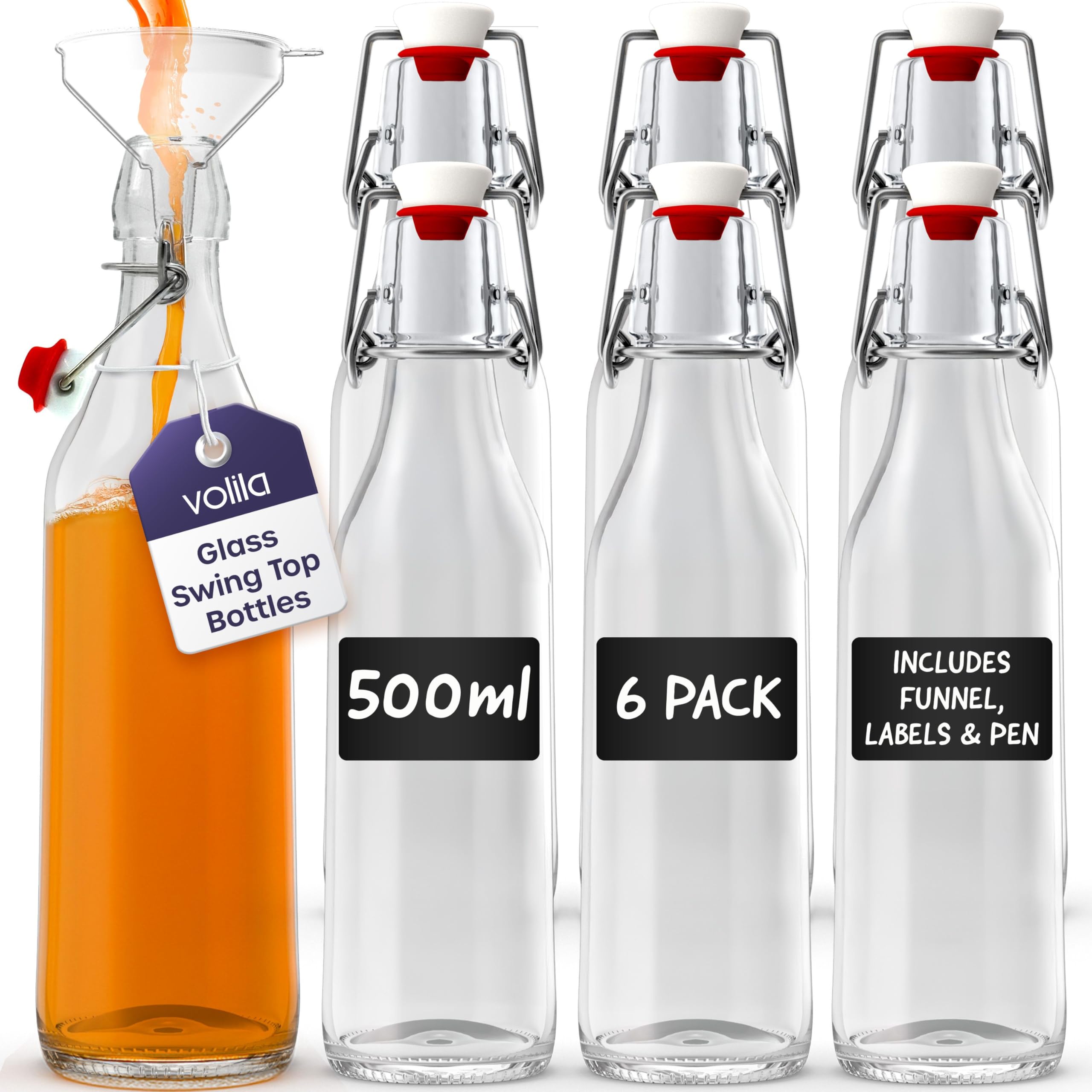 Volila Glass Bottles with Stoppers 500ml - 6 Pack Clear Swing Top for Homebrewing, Beverages, Kombucha, Wine, Vinegar and Oil - Flip Top with Leak Proof Caps, Labels, Pen and Brush