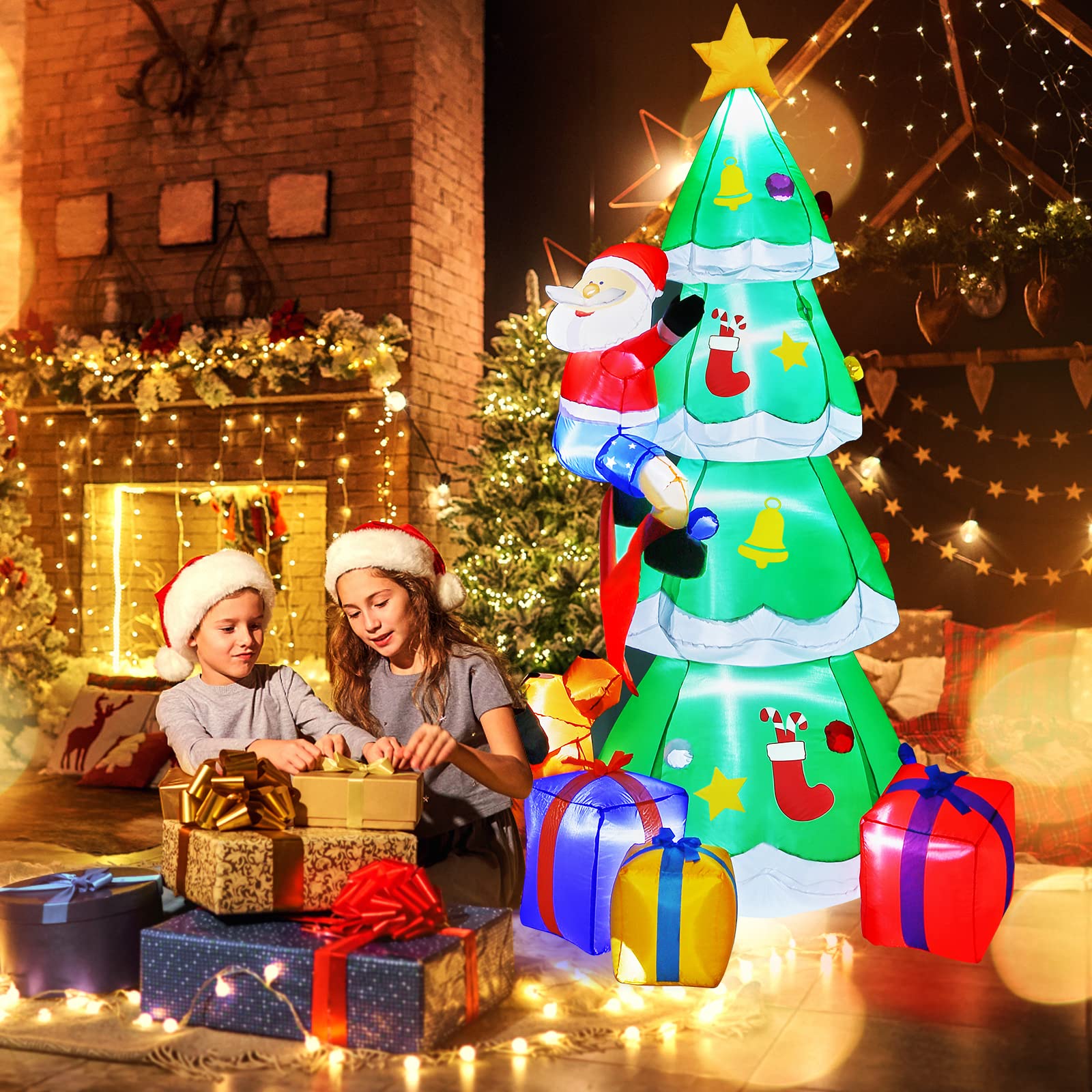 Litake 230CM Decoración Navideña Arbol de Navidad Inflable al Aire Libre Anciano y Perros con Luces LED, 7.5FT Jardín Patio Césped Decoración Navideña al Aire Libre