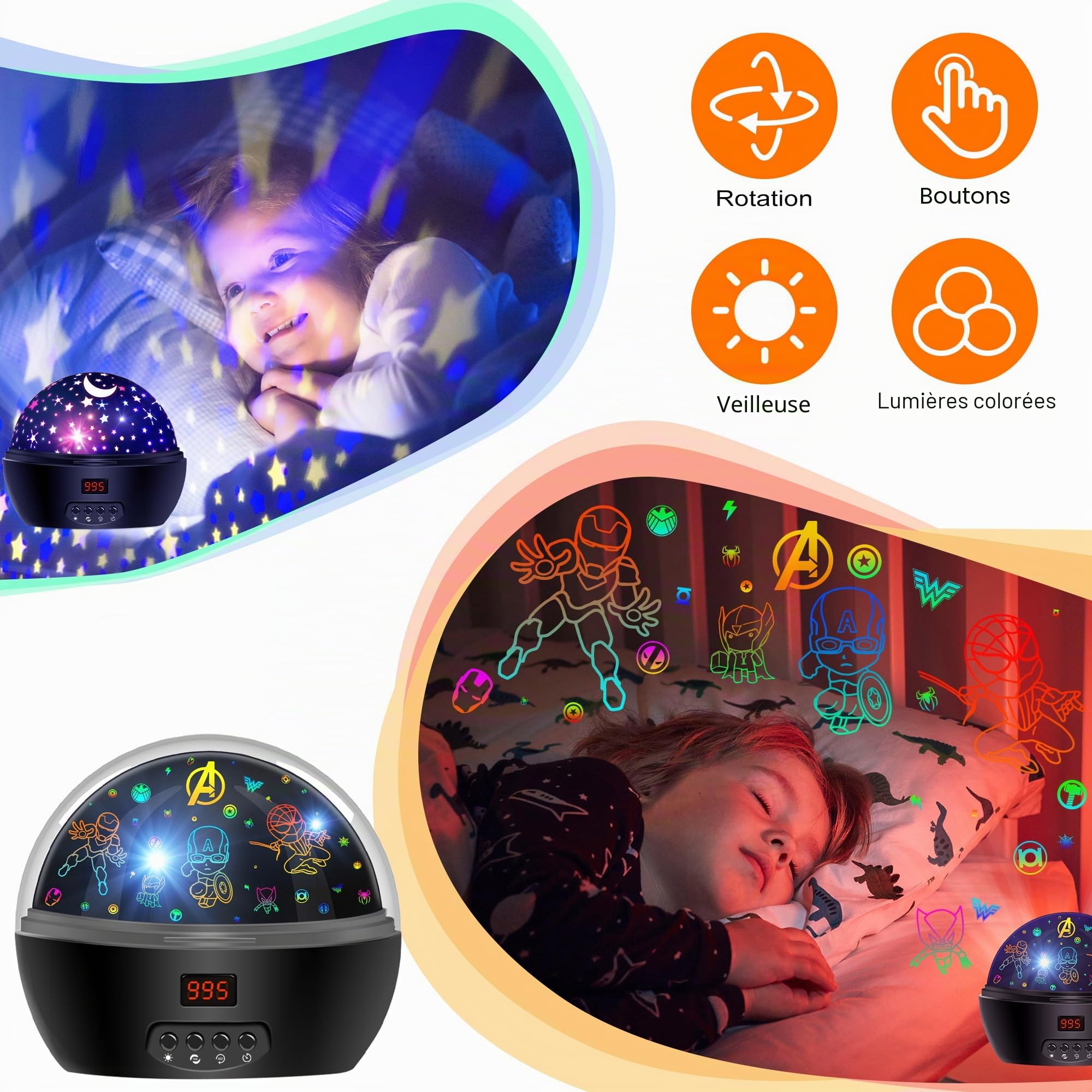 MOKOQI Projecteur de lumière Avengers - Veilleuse pour enfants 5-7 ans, minuterie, rotation 360°