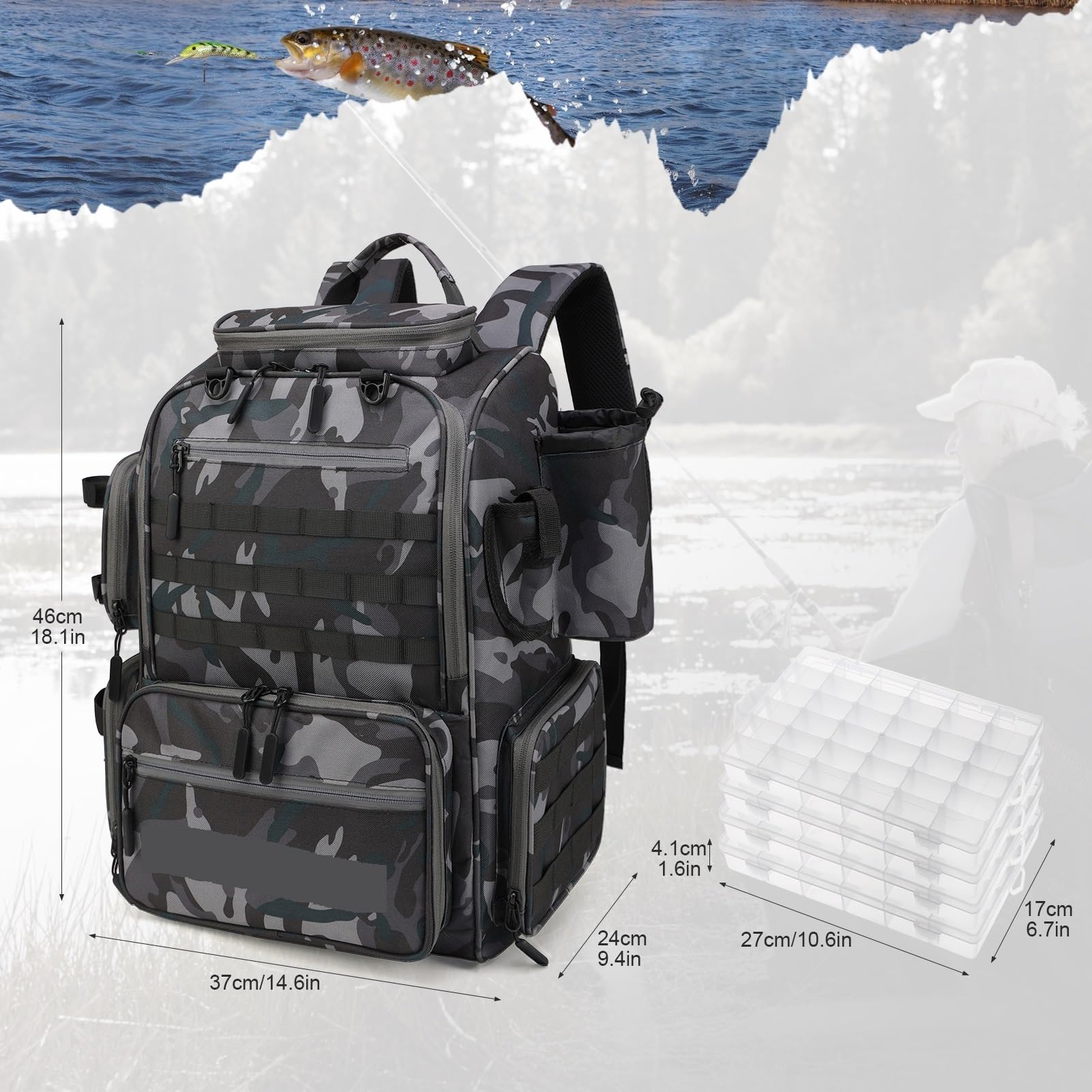 Zaino da Pesca Impermeabile, Borsa Porta-Attrezzi da Pesca con 4 vassoi e Copertura Antipioggia per Esche, ami