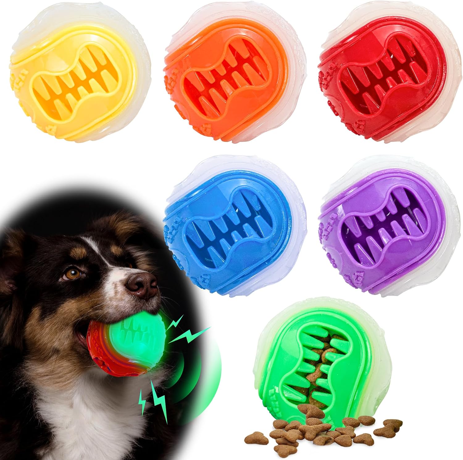 LECHONG 6-Pack Dog Treat Balls, 3-in-1 Glow in the Dark Squeaky Treat Dispenser Ball Toys for Dog, Interactive Durable Rubber Teething Fetch Ball for Small Medium Dogs to Keep Them Busy 2.5in