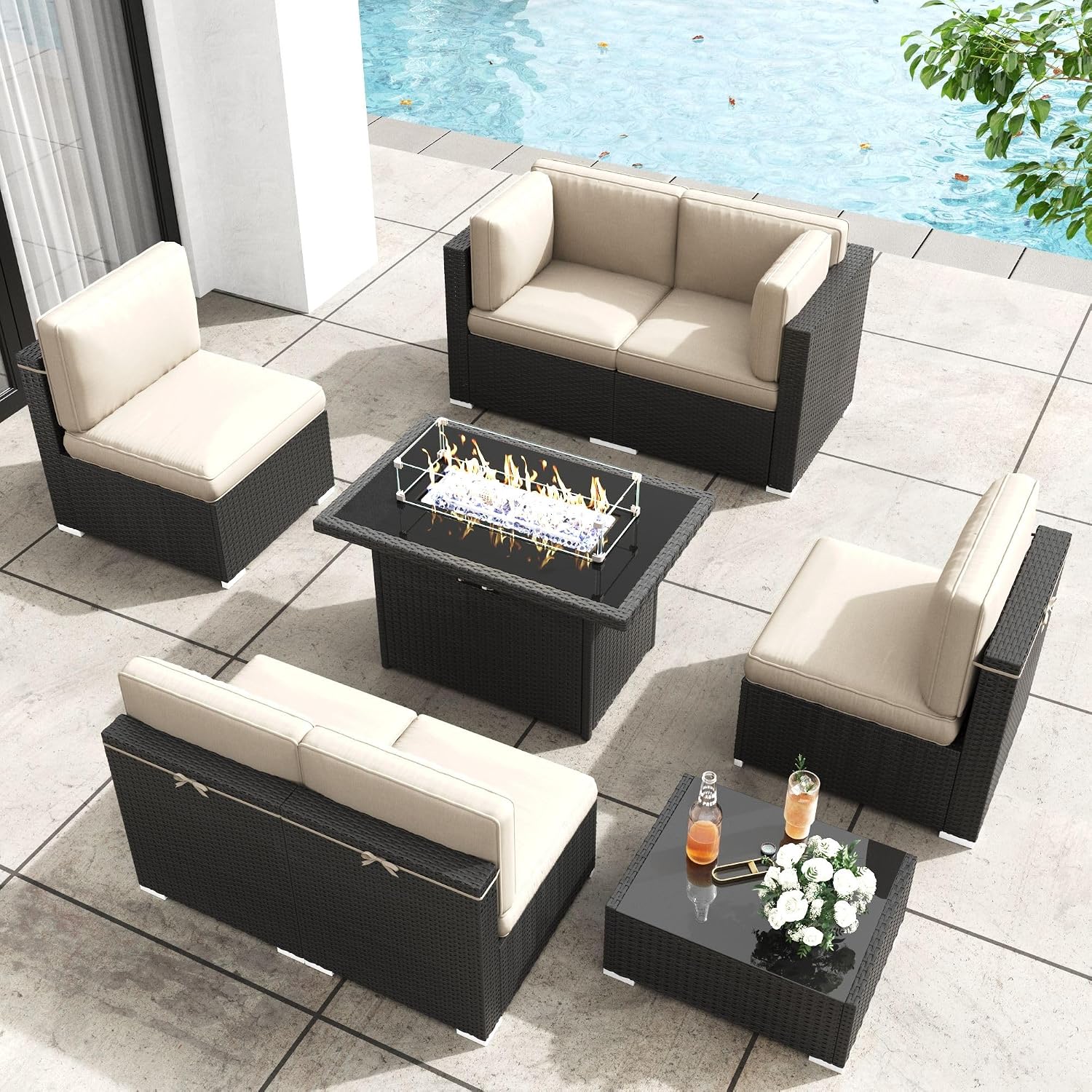 Patio Furniture Set with Fire Pit Table, 8 Pieces Outdoor All-Weather Wicker Conversation Sectional Chair Sofa Set