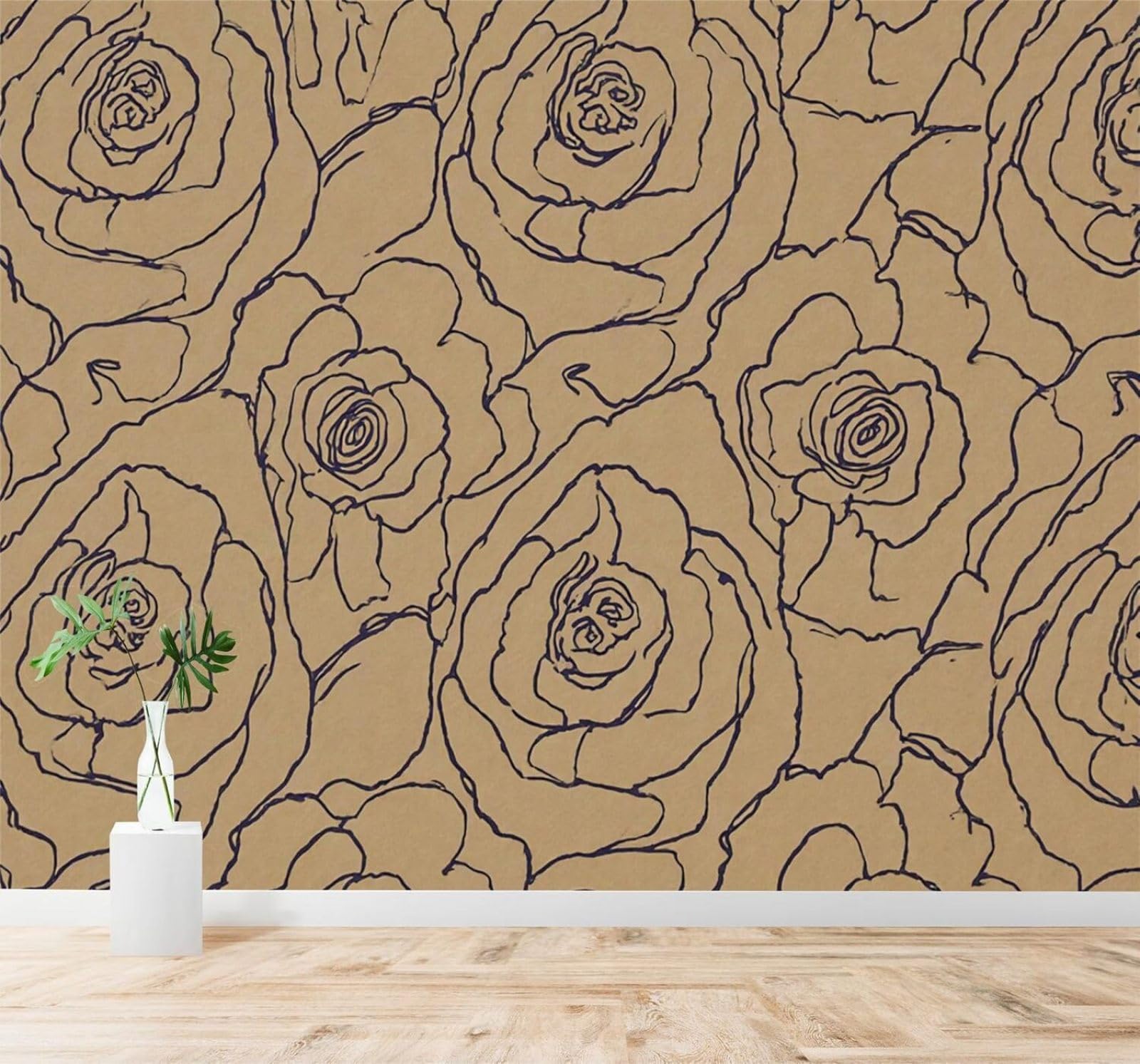XLMING Abstract Rose Pattern Hand Drawn Style Brown Background 3D Wallpaper Premium Textured Silk Study Dining Living Room Bedroom Sofa TV Wall Easy Install-150cm×105cm