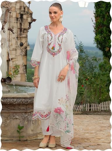 INDO ERA Women's A-Line Cotton Blend Floral Embroidered Kurta & Pant With Dupatta Set (IEOUT11362)