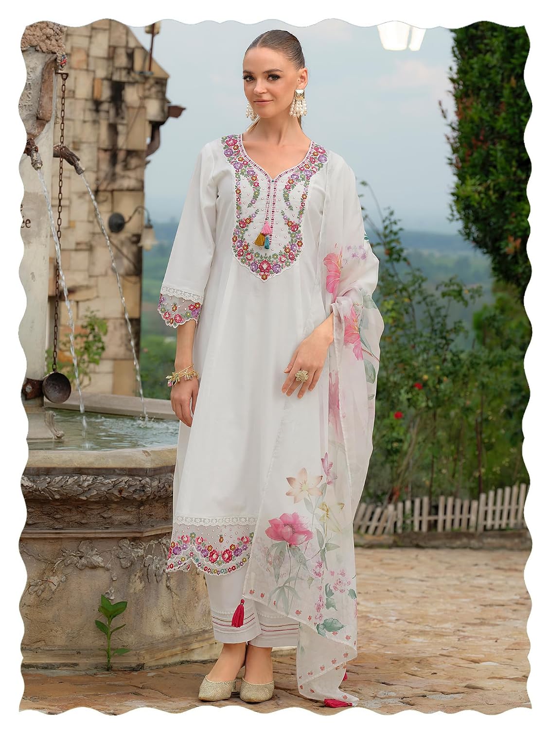 INDO ERA Women's A-Line Cotton Blend Floral Embroidered Kurta & Pant With Dupatta Set (IEOUT11362) - Review, Price and Buying Guide
