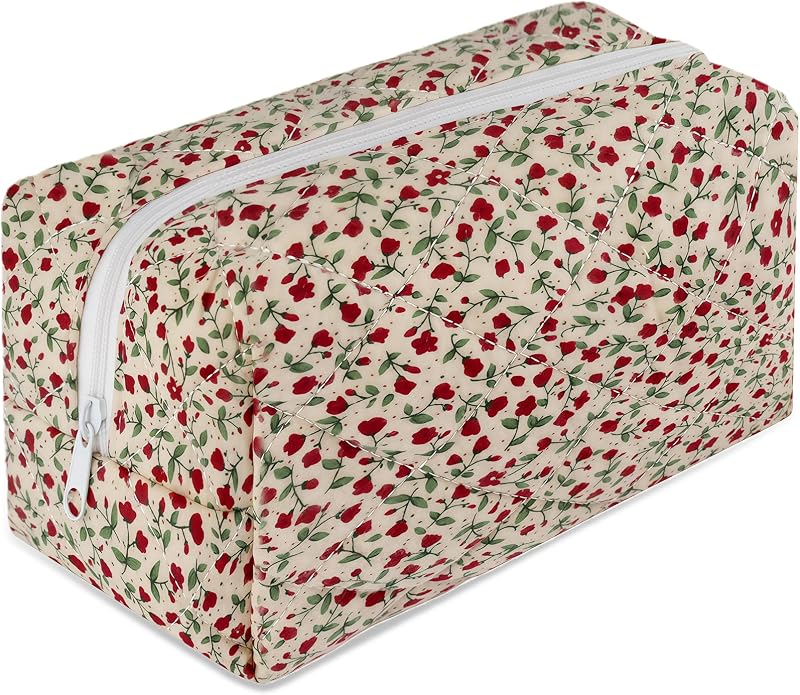 URSKYTOUS Cotton Floral Large Cosmetic Bag Flower Puffy Cute Makeup Organizer Coquette Aesthetic Travel Makeup Pouch Portable Zipper Toiletry Storage Bag for Women Girls (Red)