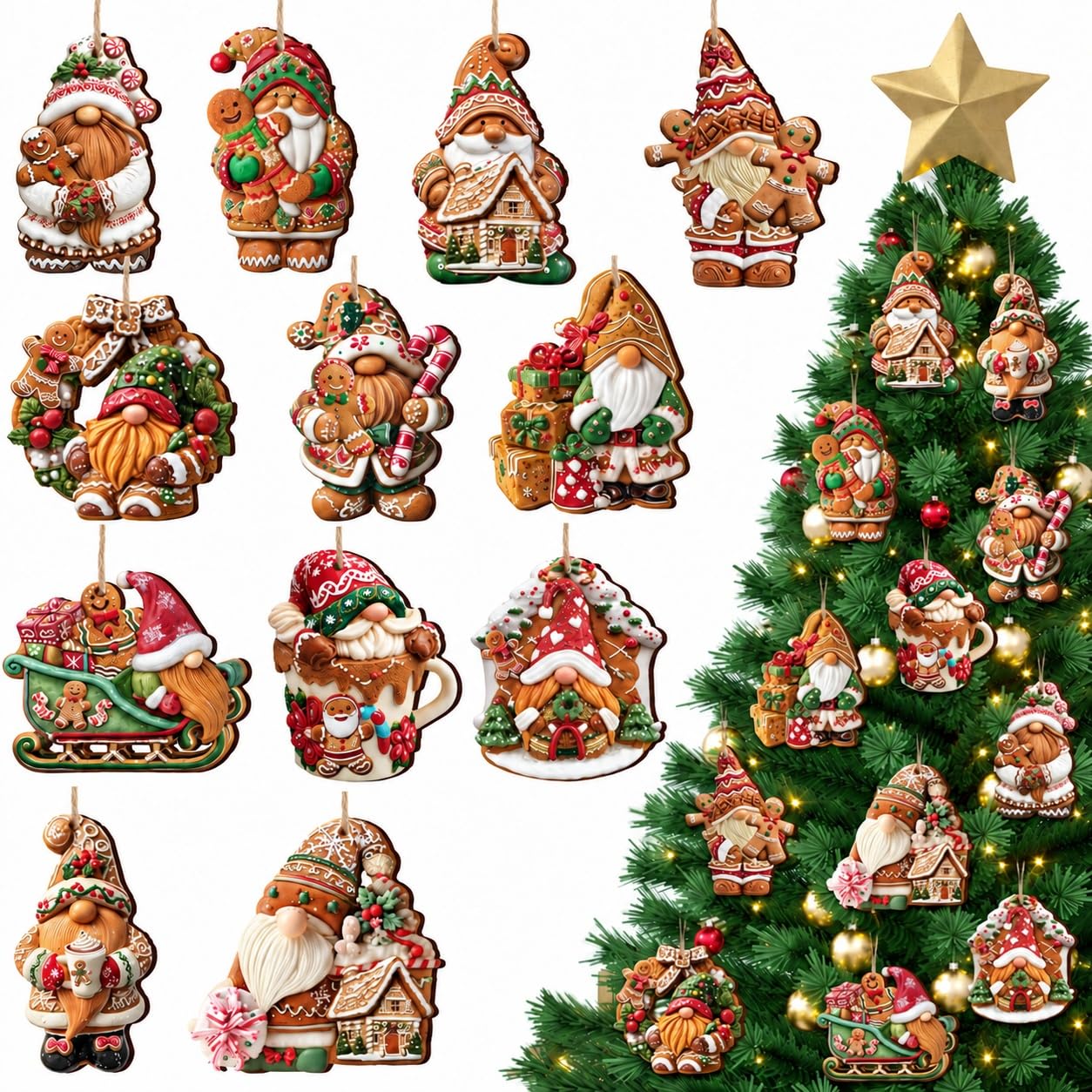 24 Pcs Wooden Christmas Tree Decorations, Double-Sided Hanging Ornaments