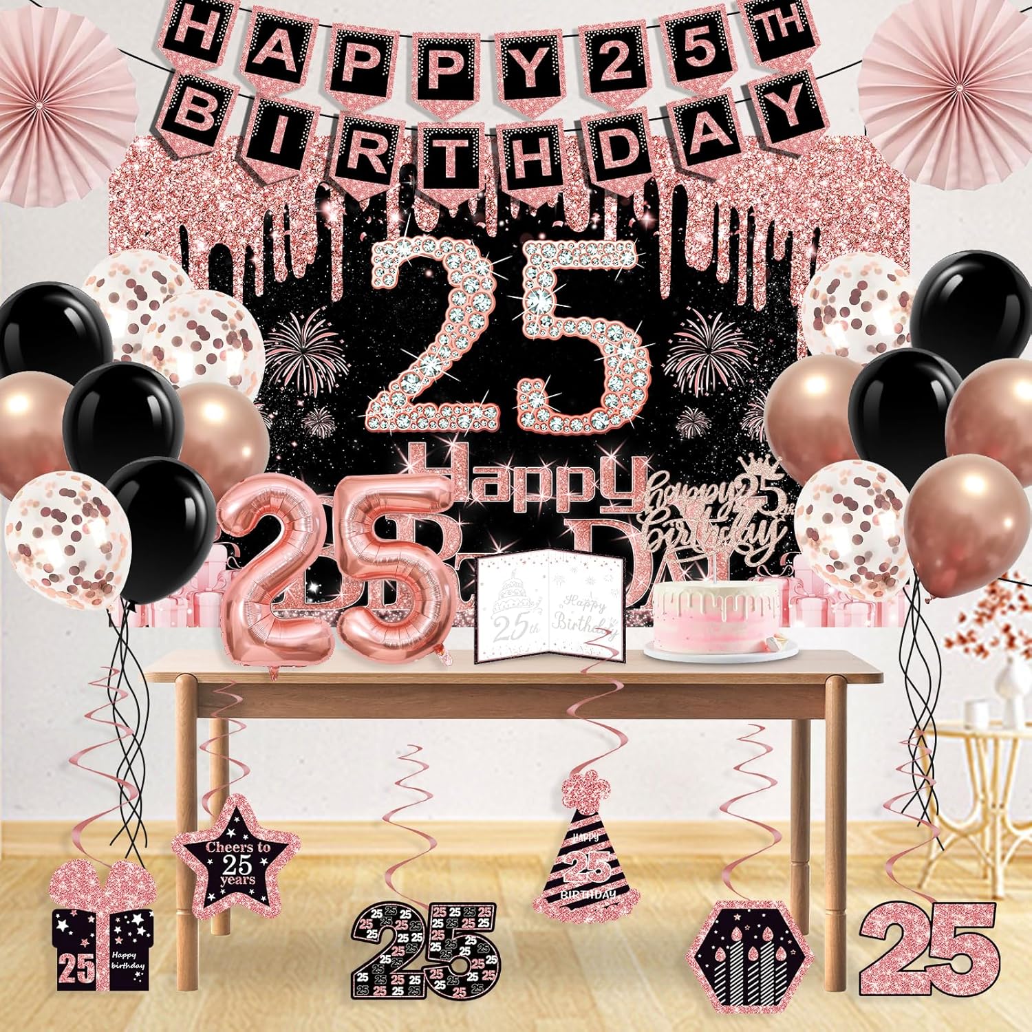 25th Birthday Decorations for Girls Women,32PCS 25th Birthday Party Decorations,Including Backdrop, Crown, Sash, banner, Hanging Swirl,balloons,Cake Topper,Paper Fans and Anniversary Card - Image 4