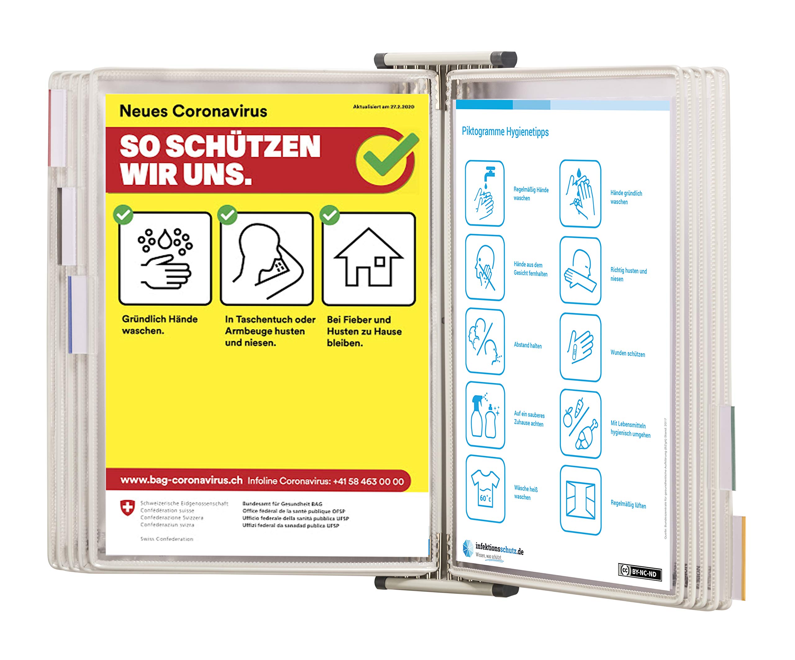 Djois, 414502 - Expositor de Pared A4 con 10 Fundas Antimicrobianas con Pivotes Metálicos - PVC con Iones de Plata, Sistema Tarifold para Hospitales, Laboratorios, Cocina y Recepción - Blanco