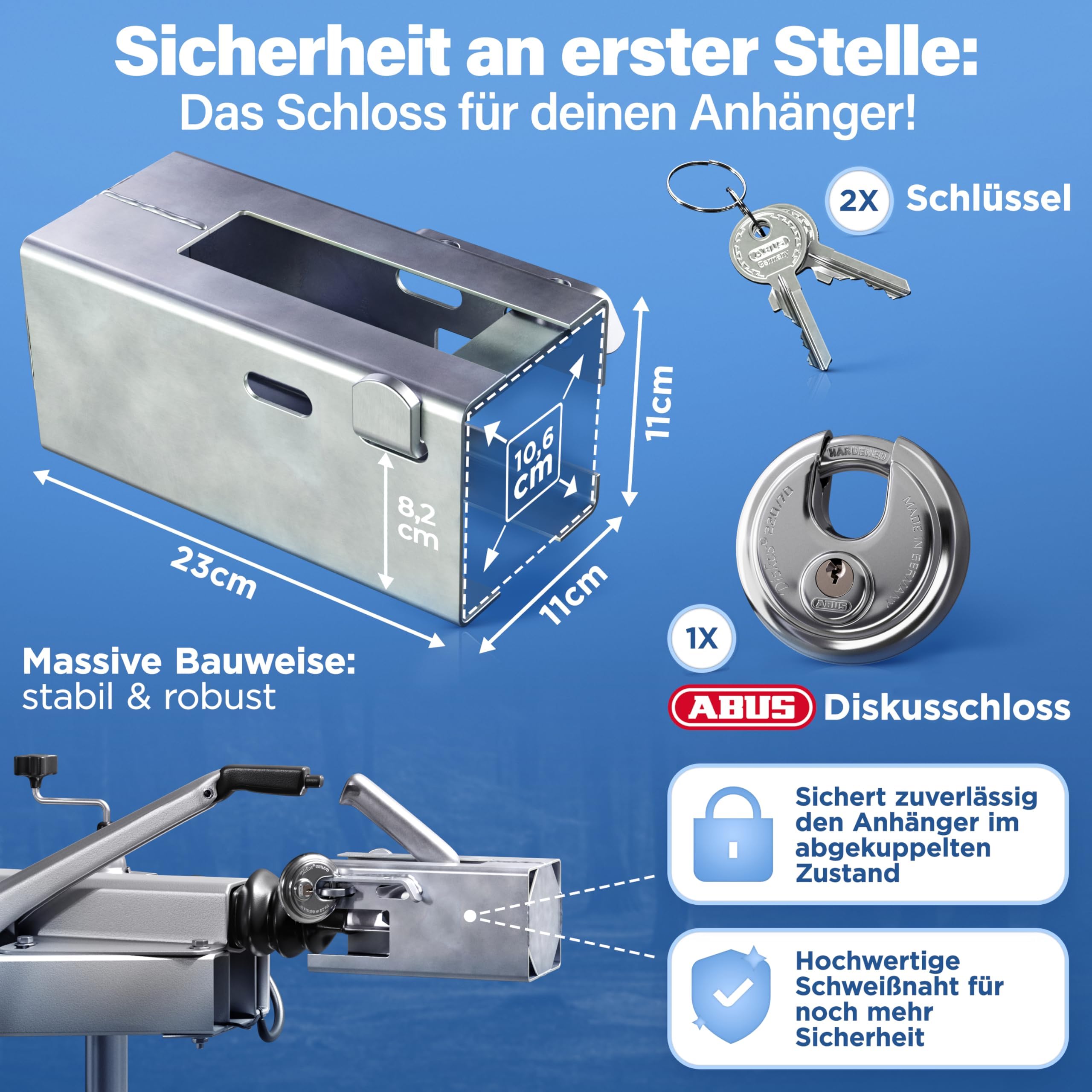 Deagle® Antivol de remorque + disque ABUS + galvanisation de qualité supérieure + protection optimale en cas d'attelage dans toutes les conditions météorologiques