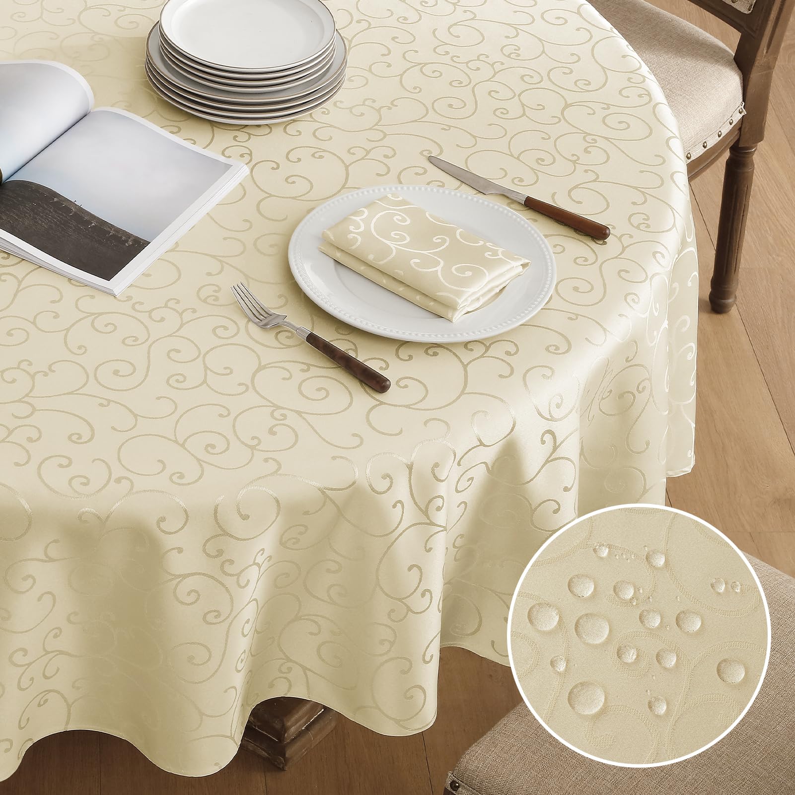 Romanstile Tovaglia Rotonda 180 cm Diametro Primaverile Jacquard Elegante Tovaglie Beige idrorepellente da Esterno 6-8 posti Perfetta per la Grande Tavola Festiva per Pasqua,Campagna,Ricevimento,Caffè