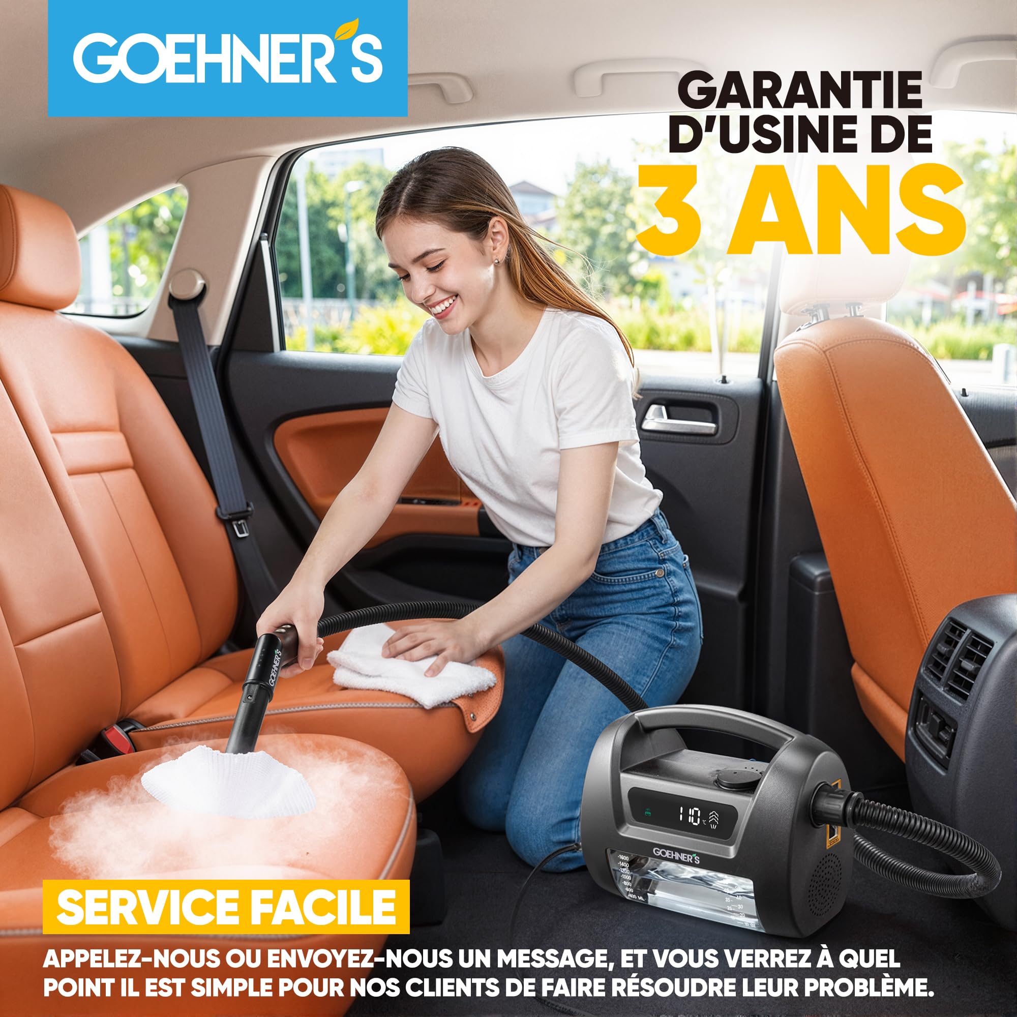 Nettoyeur Vapeur Haute Pression Portable, Appareil à Vapeur 110℃/3,5Bar pour la Maison, Chauffage Rapide 30s avec 3 Niveaux de Vapeur, Convient pour Carrelage, Cuisine, Salle de Bain et Voiture, Noir